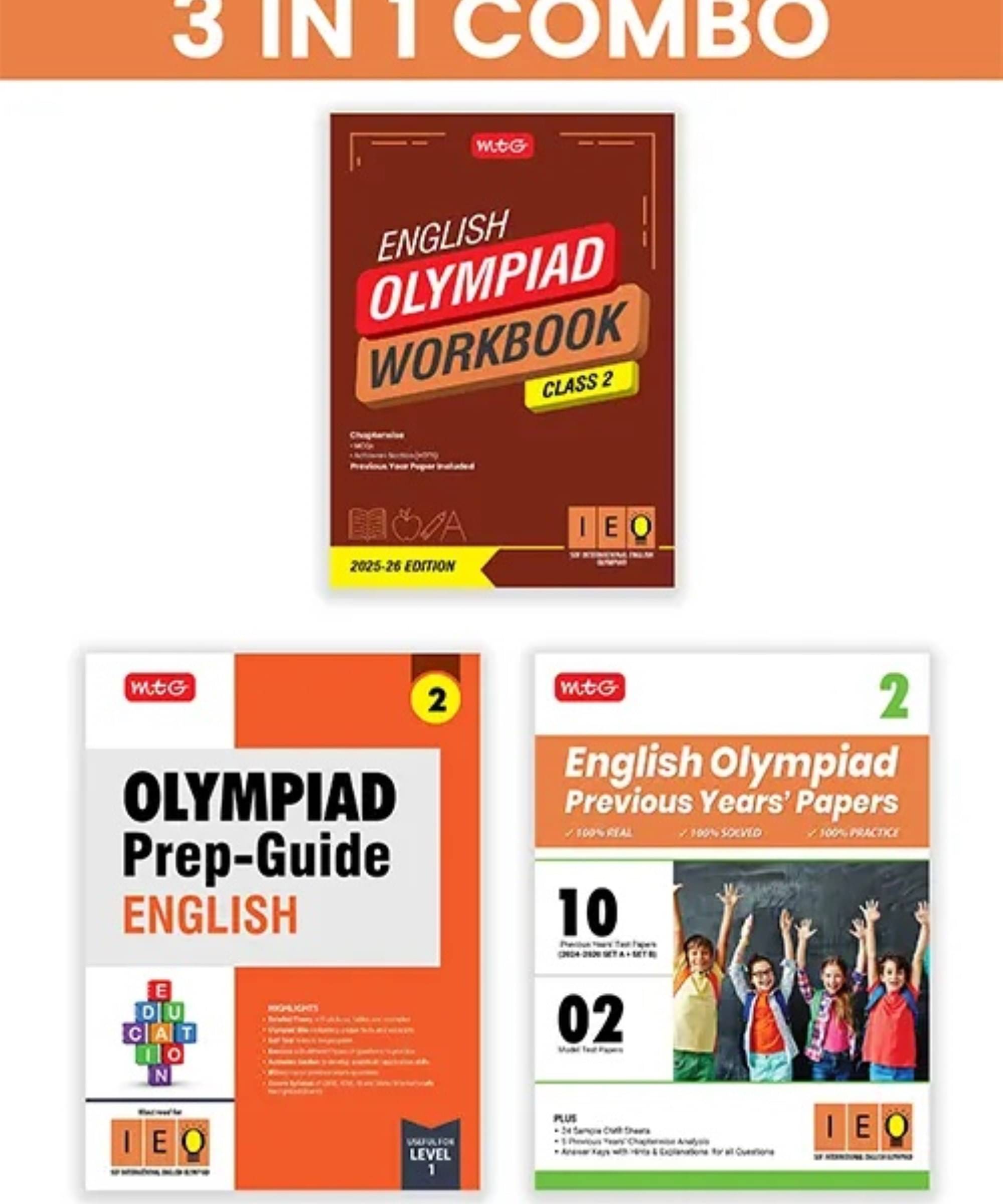     			MTG Class-2 International English Olympiad (IEO) Workbook, Prep-Guide & Previous Years Papers (PYQs) with Mock Test Paper (Set of 3 Books) - SOF Olympiad Books For 2025-26 Exam