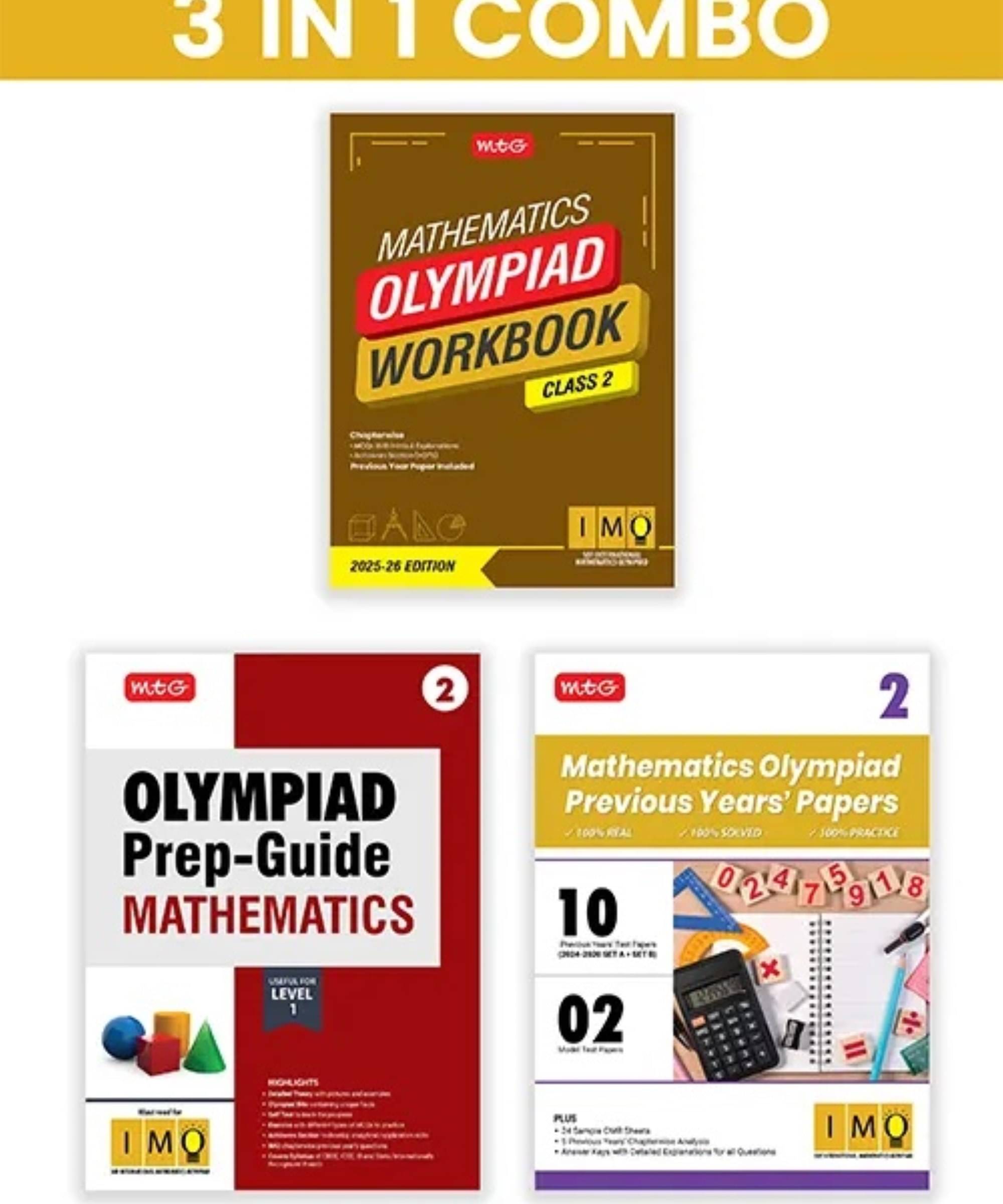     			MTG Class-2 International Mathematics Olympiad (IMO) Workbook, Prep-Guide & Previous Years Papers (PYQs) with Mock Test Paper (Set of 3 Books) - SOF Olympiad Books For 2025-26 Exam