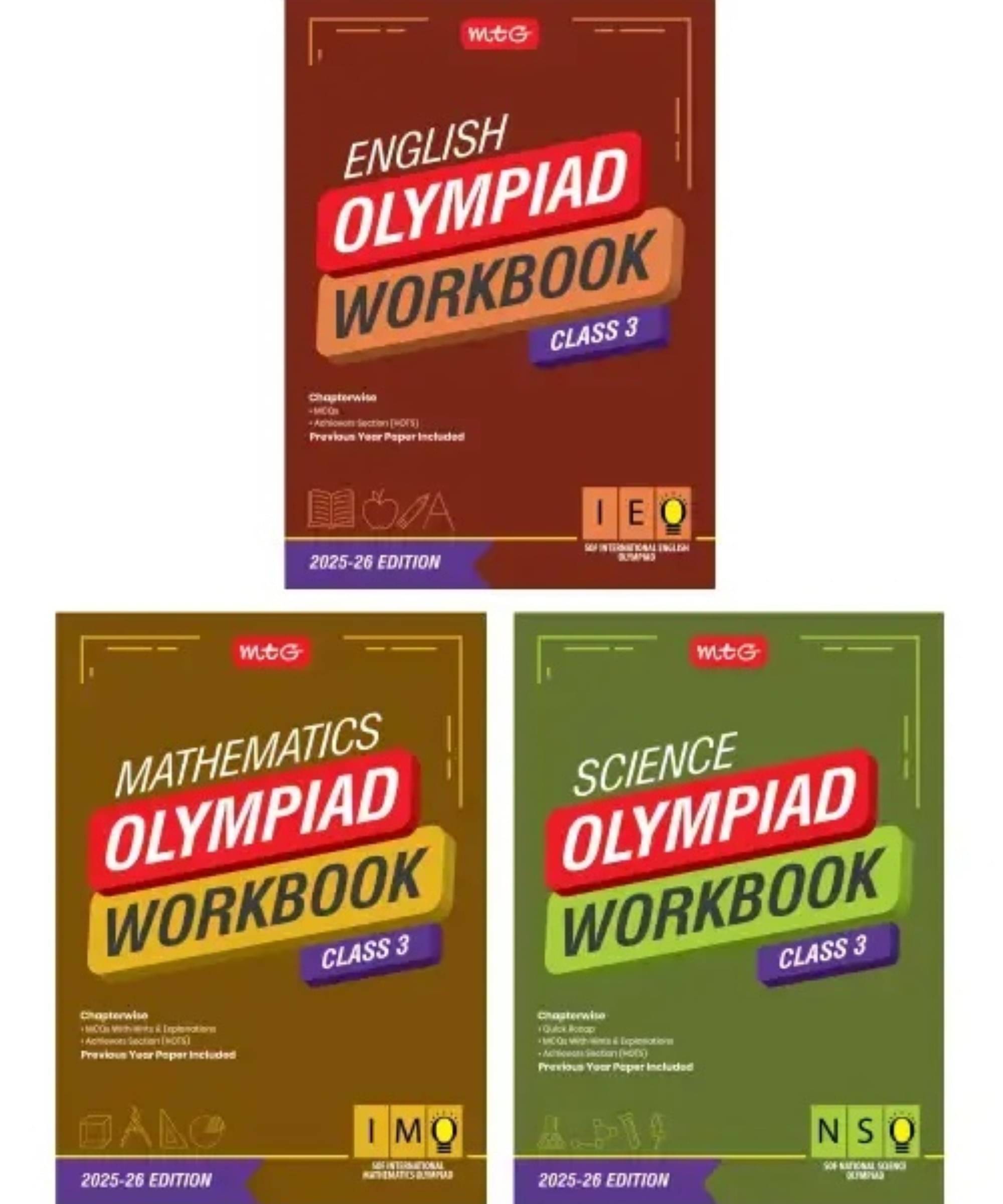     			MTG Class-3 NSO-IMO-IEO (Science, Mathematics & English) Olympiad Workbook Combo (Set of 3 Books) | MCQs, & Achievers Section - SOF Olympiad Books For 2025-26 Exam