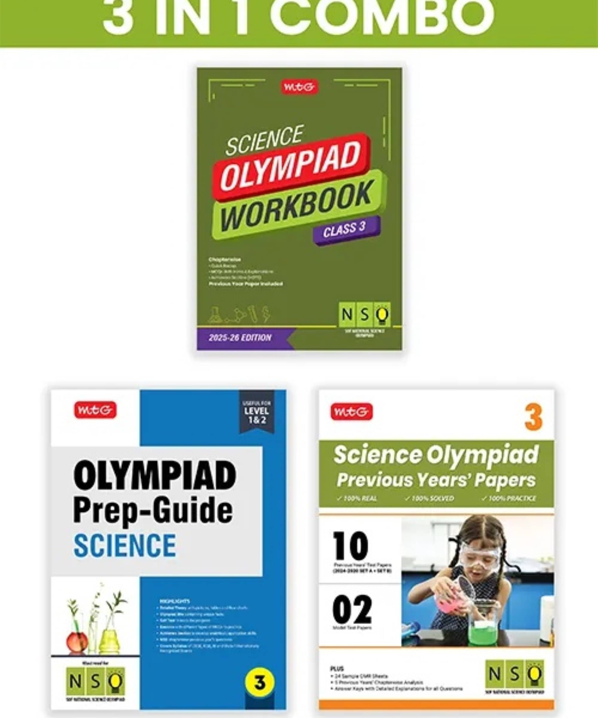     			MTG Class-3 National Science Olympiad (NSO) Workbook, Prep-Guide & Previous Years Papers (PYQs) with Mock Test Paper (Set of 3 Books) - SOF Olympiad Books For 2025-26 Exam