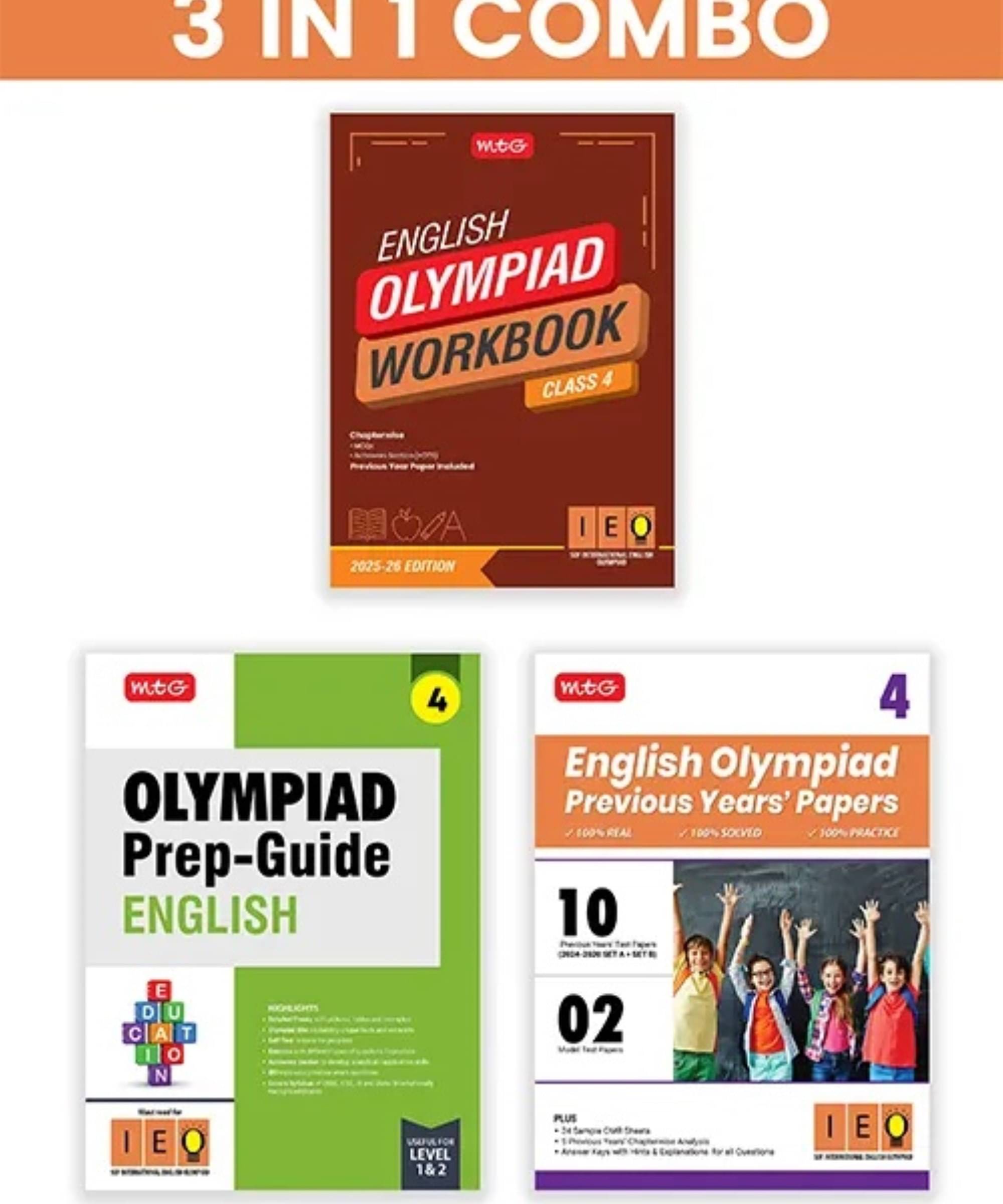     			MTG Class-4 International English Olympiad (IEO) Workbook, Prep-Guide & Previous Years Papers (PYQs) with Mock Test Paper (Set of 3 Books) - SOF Olympiad Books For 2025-26 Exam