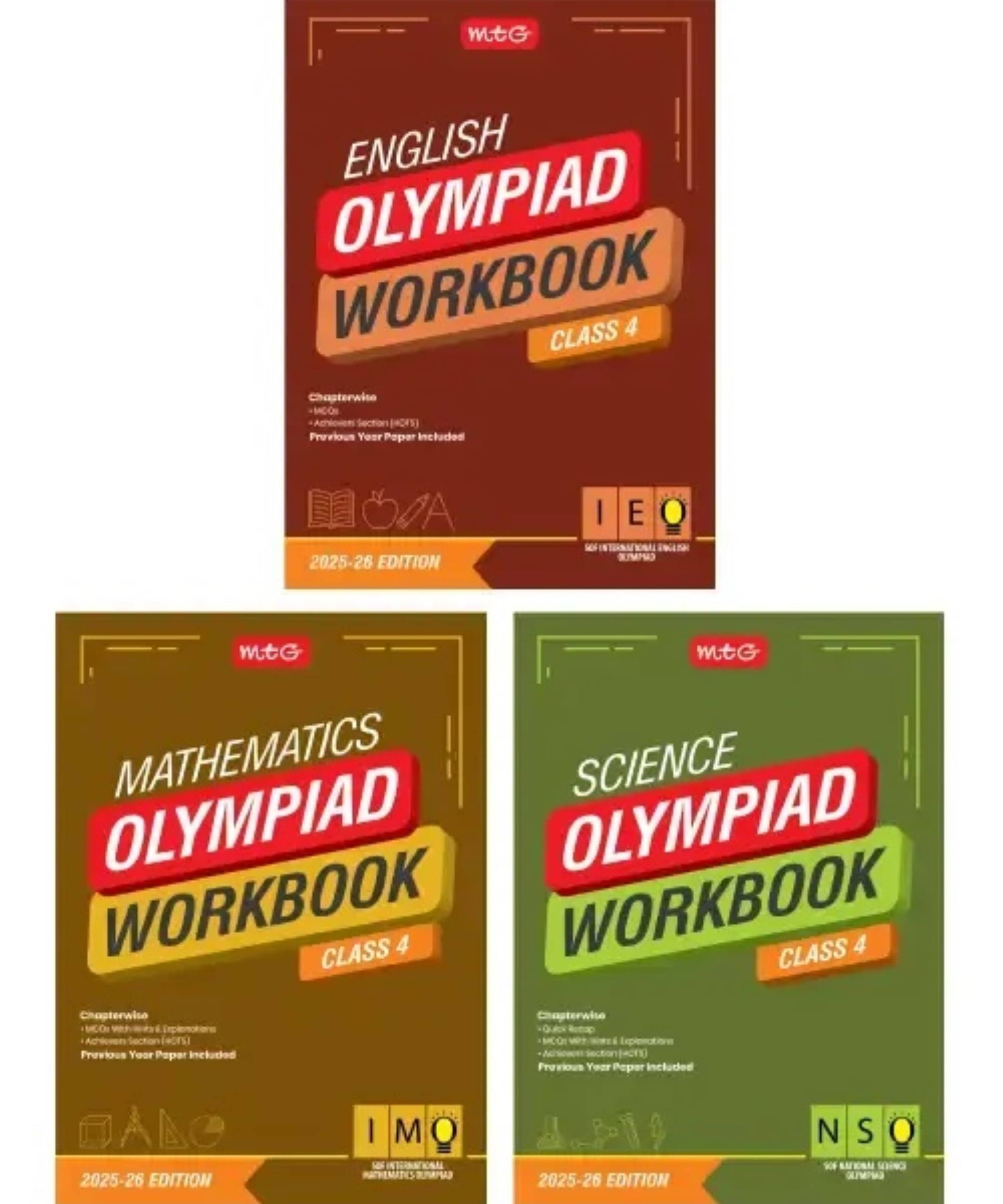     			MTG Class-4 NSO-IMO-IEO (Science, Mathematics & English) Olympiad Workbook Combo (Set of 3 Books) | MCQs, & Achievers Section - SOF Olympiad Books For 2025-26 Exam