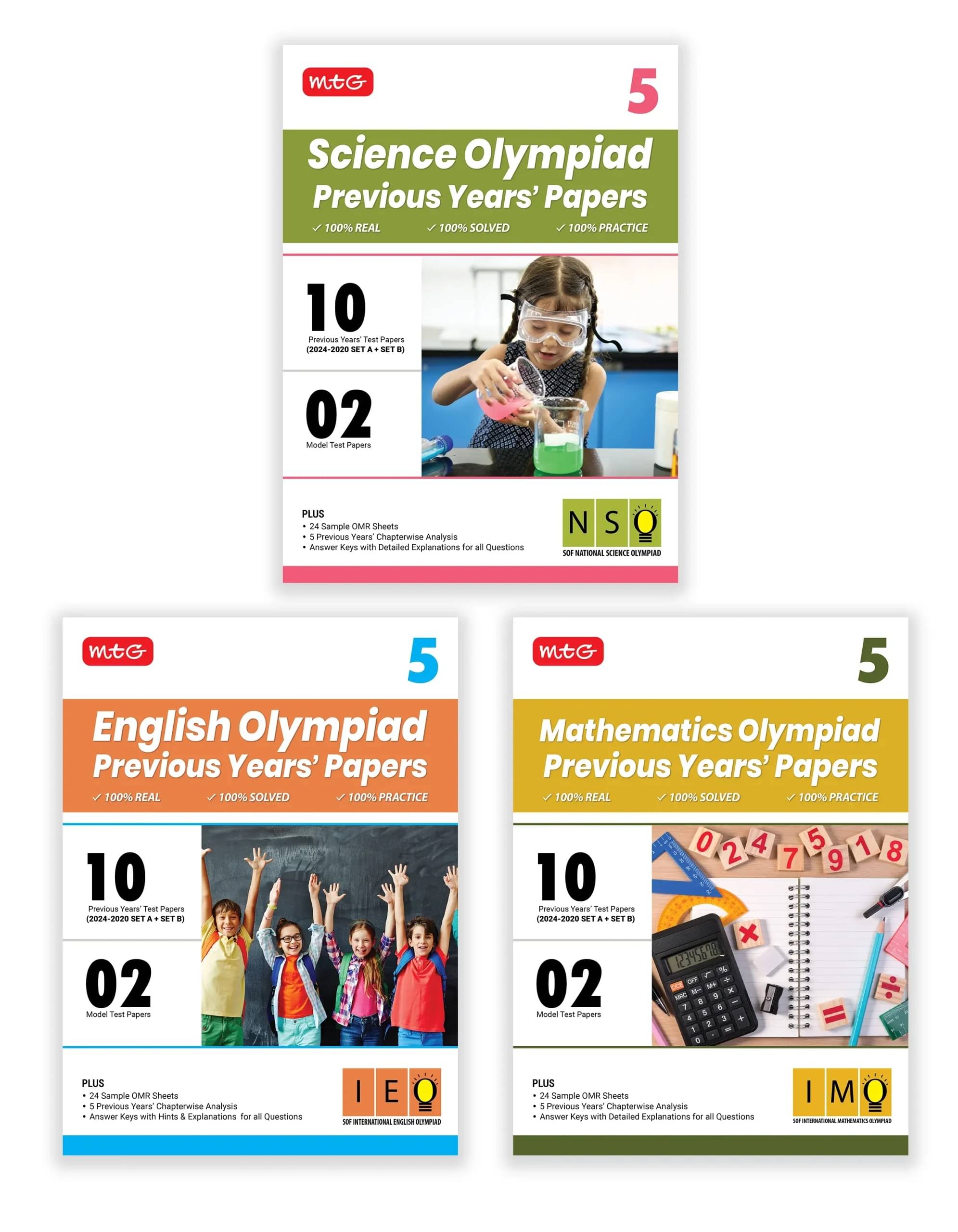     			MTG Class-5 IMO-NSO-IEO Olympiad 10 Previous Years Papers (2024-2020 Set A & B) Mathematics, Science & English (Set of 3 Books) with Model Test Papers & 24 Sample OMR Sheets | PYQs For SOF 2025-26 Exam