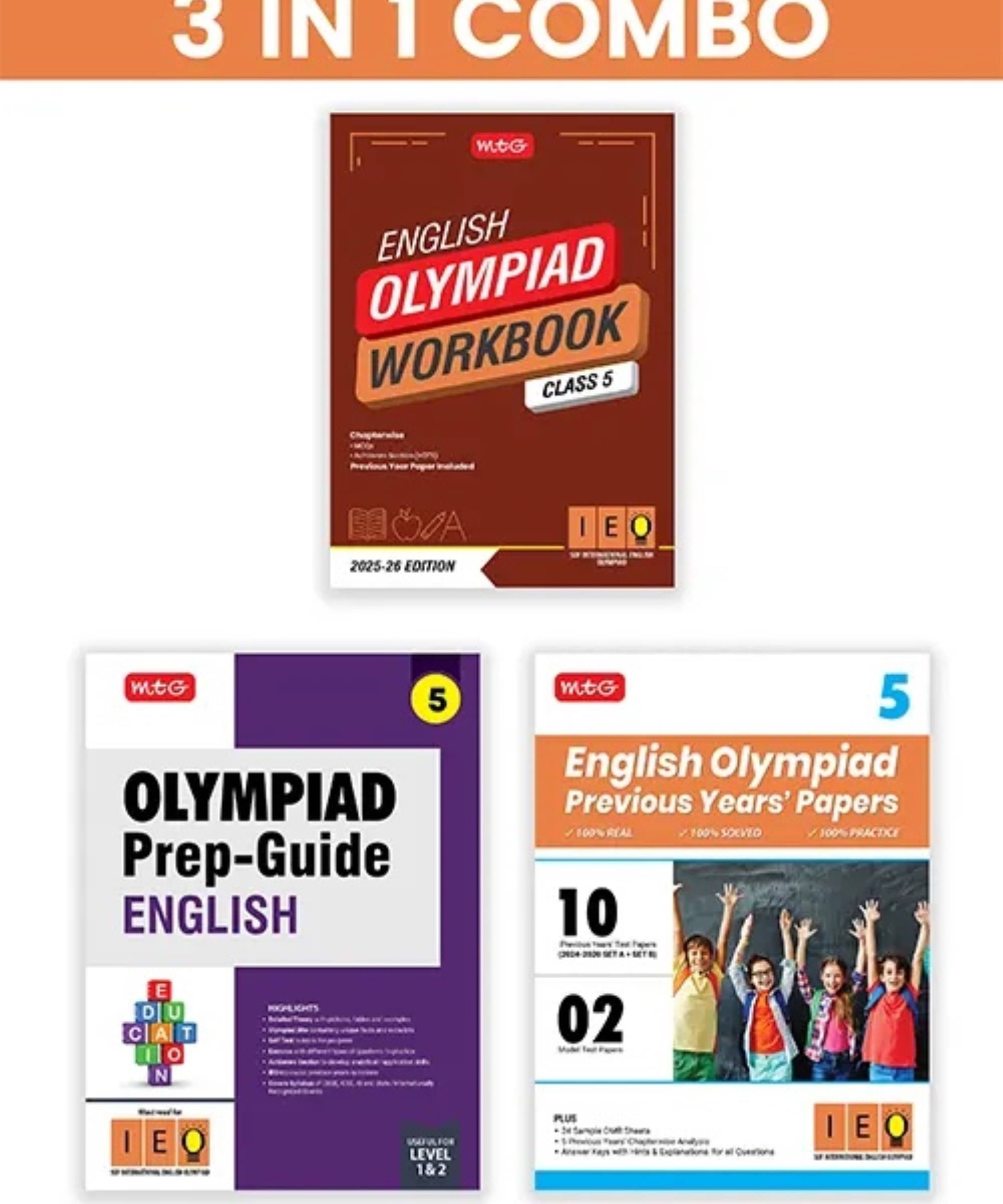     			MTG Class-5 International English Olympiad (IEO) Workbook, Prep-Guide & Previous Years Papers (PYQs) with Mock Test Paper (Set of 3 Books) - SOF Olympiad Books For 2025-26 Exam