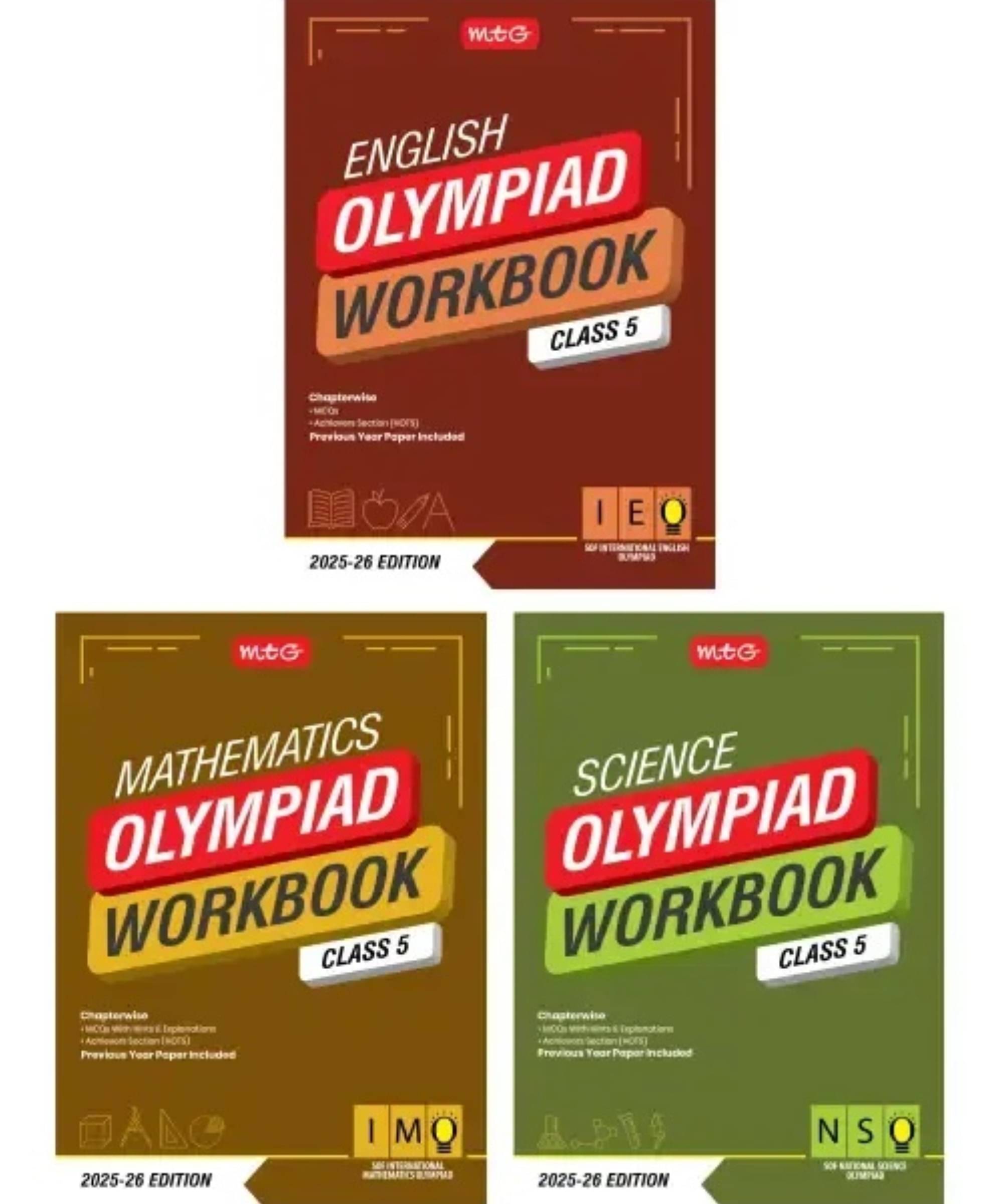     			MTG Class-5 NSO-IMO-IEO (Science, Mathematics & English) Olympiad Workbook Combo (Set of 3 Books) | MCQs, & Achievers Section - SOF Olympiad Books For 2025-26 Exam