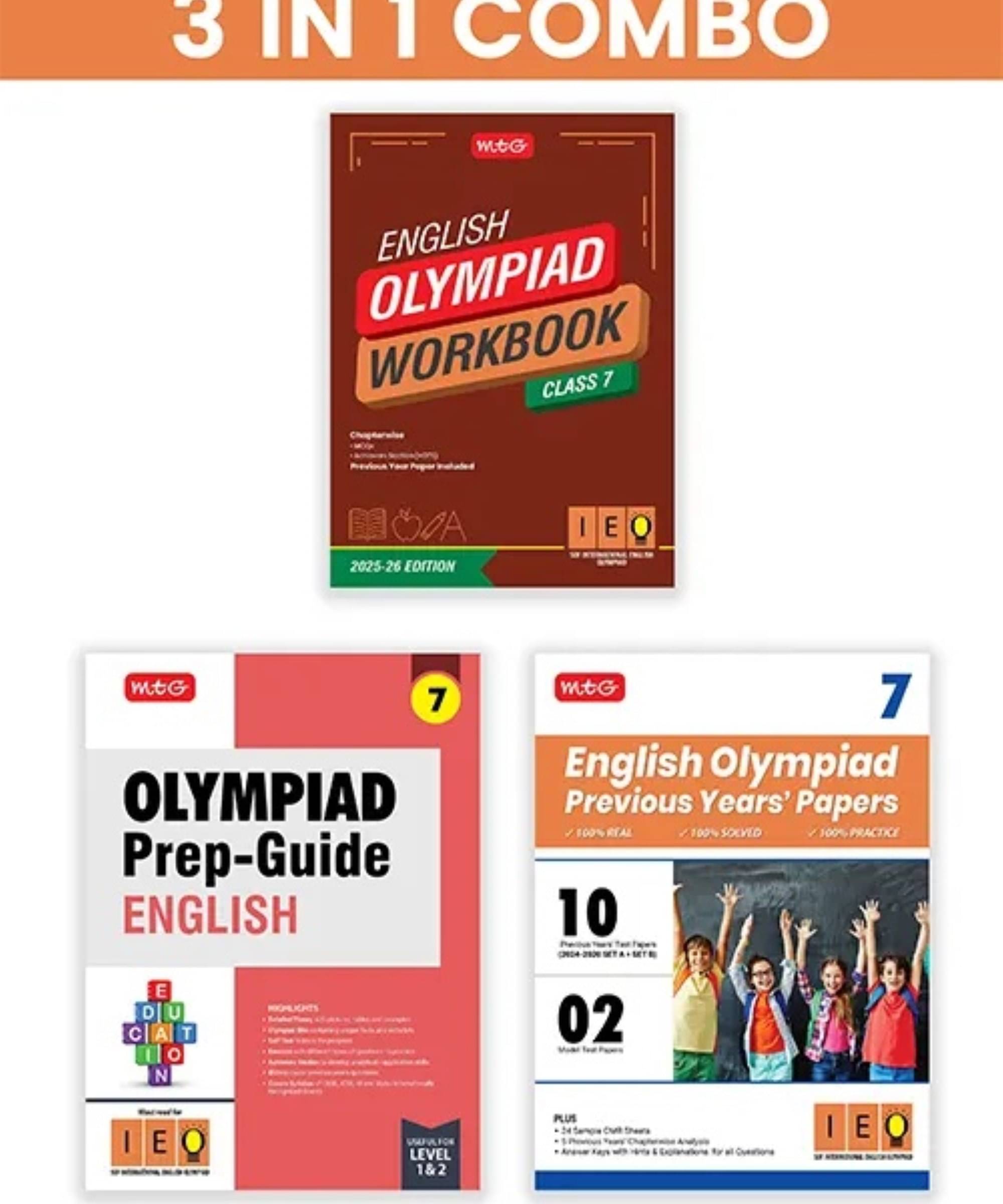 MTG Class-7 International English Olympiad (IEO) Workbook, Prep-Guide & Previous Years Papers (PYQs) with Mock Test Paper (Set of 3 Books) - SOF Olympiad Books For 2025-26 Exam MTG Class-7 International English Olympiad (IEO) Workbook, Prep-Guide & Previous Years Papers (PYQs) with Mock Test Paper (Set of 3 Books) - SOF Olympiad Books For 2025-26 Exam