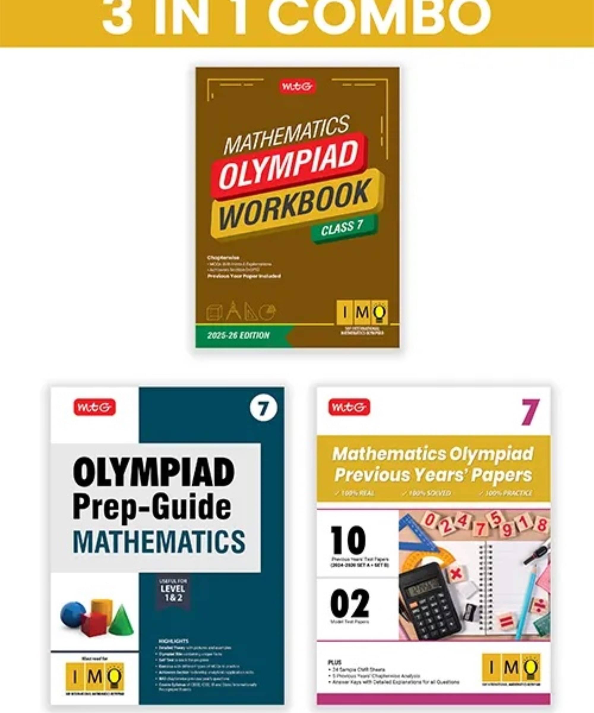     			MTG Class-7 International Mathematics Olympiad (IMO) Workbook, Prep-Guide & Previous Years Papers (PYQs) with Mock Test Paper (Set of 3 Books) - SOF Olympiad Books For 2025-26 Exam