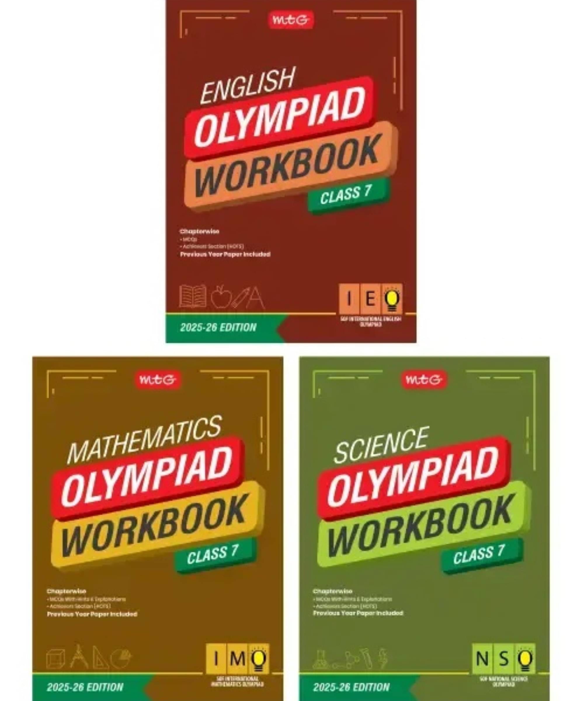     			MTG Class-7 NSO-IMO-IEO (Science, Mathematics & English) Olympiad Workbook Combo (Set of 3 Books) | MCQs, & Achievers Section - SOF Olympiad Books For 2025-26 Exam