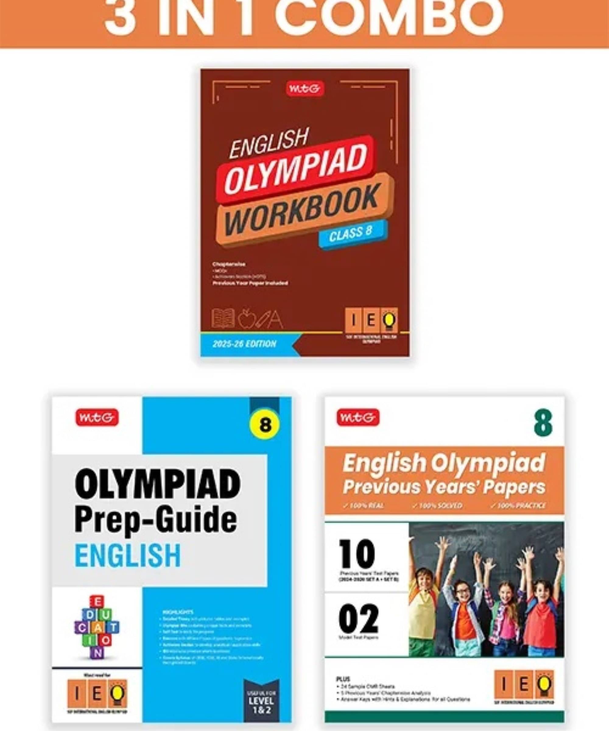     			MTG Class-8 International English Olympiad (IEO) Workbook, Prep-Guide & Previous Years Papers (PYQs) with Mock Test Paper (Set of 3 Books) - SOF Olympiad Books For 2025-26 Exam