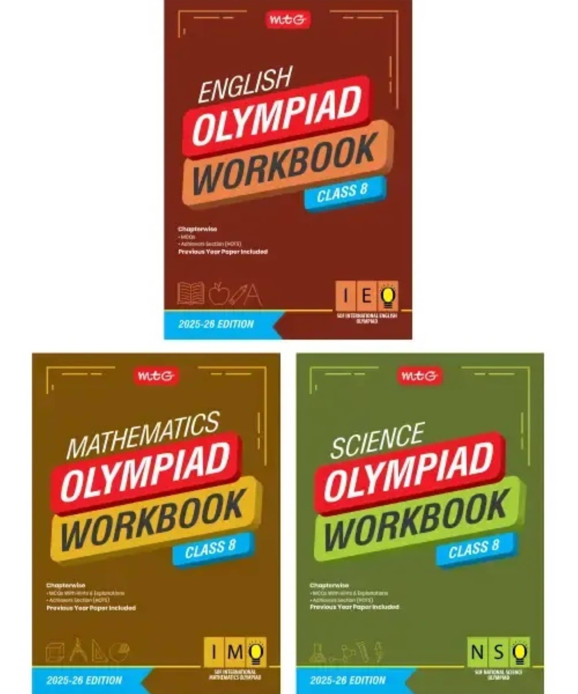     			MTG Class-8 NSO-IMO-IEO (Science, Mathematics & English) Olympiad Workbook Combo (Set of 3 Books) | MCQs, & Achievers Section - SOF Olympiad Books For 2025-26 Exam