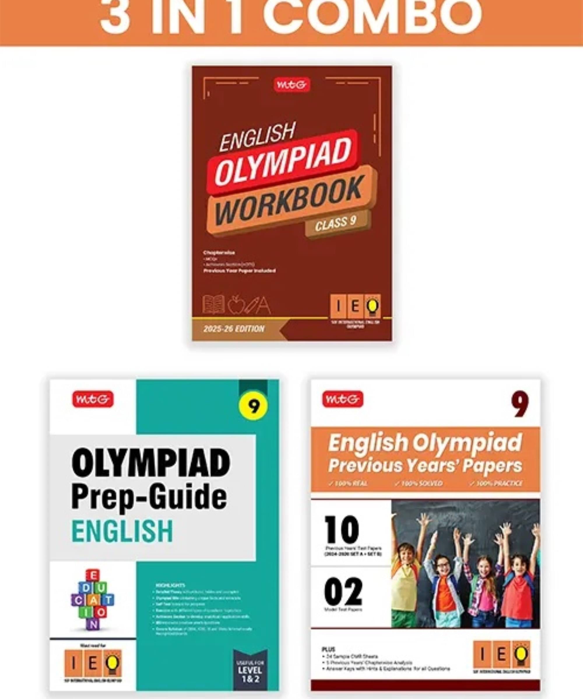 MTG Class-9 International English Olympiad (IEO) Workbook, Prep-Guide & Previous Years Papers (PYQs) with Mock Test Paper (Set of 3 Books) - SOF Olympiad Books For 2025-26 Exam MTG Class-9 International English Olympiad (IEO) Workbook, Prep-Guide & Previous Years Papers (PYQs) with Mock Test Paper (Set of 3 Books) - SOF Olympiad Books For 2025-26 Exam