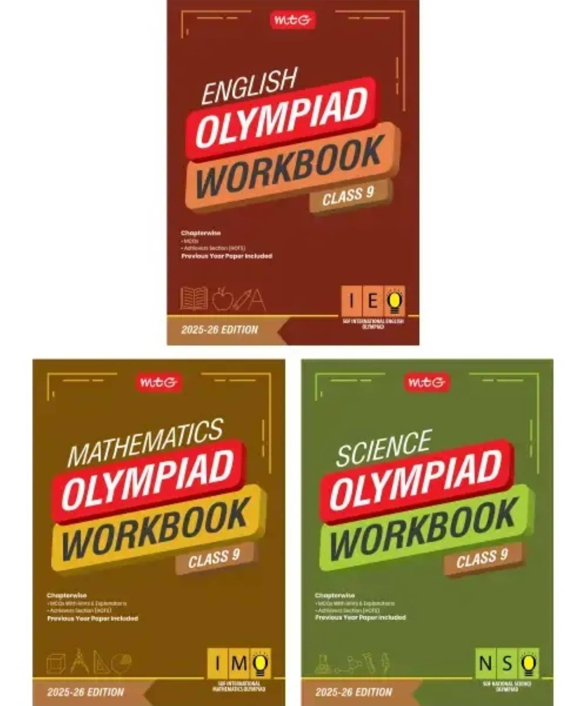     			MTG Class-9 NSO-IMO-IEO (Science, Mathematics & English) Olympiad Workbook Combo (Set of 3 Books) | MCQs, & Achievers Section - SOF Olympiad Books For 2025-26 Exam