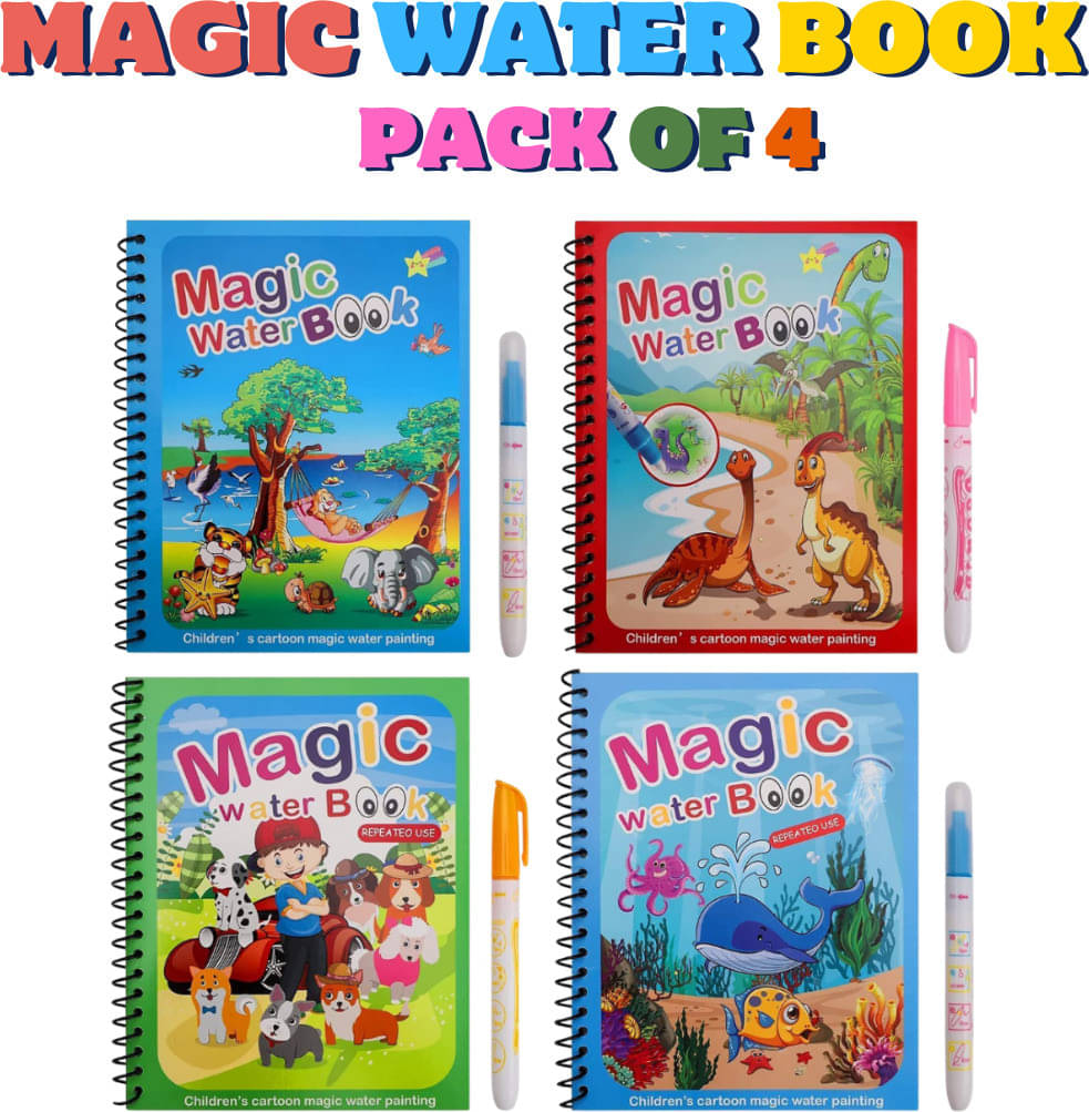     			Magic Water Book Reusable Drawing Book (Set of 4 Book + 4 Pen) Magic Doodle Pen