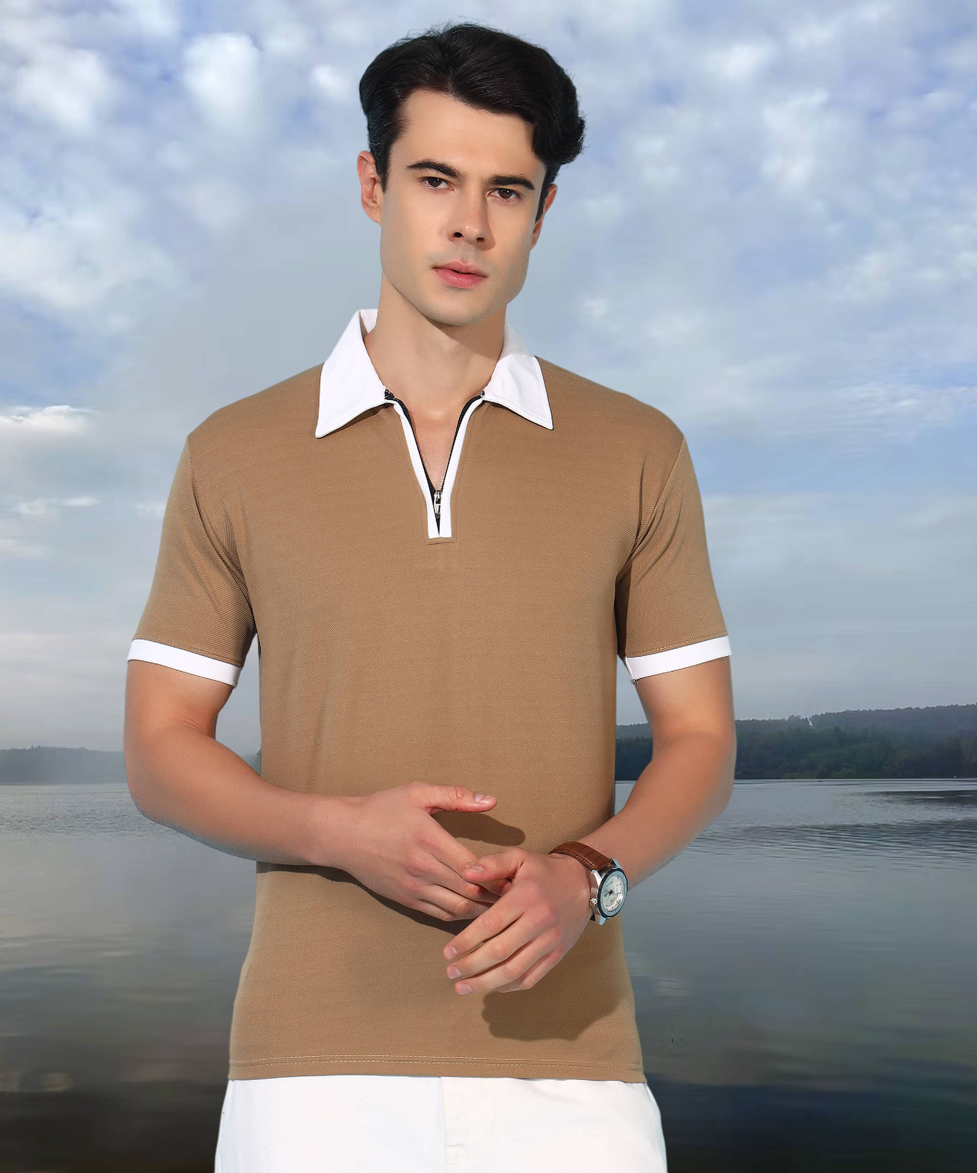 Quin Fletcher Men Cotton Blend Regular Fit Solid Polo T Shirt ( Beige ) Quin Fletcher Men Cotton Blend Regular Fit Solid Polo T Shirt ( Beige )