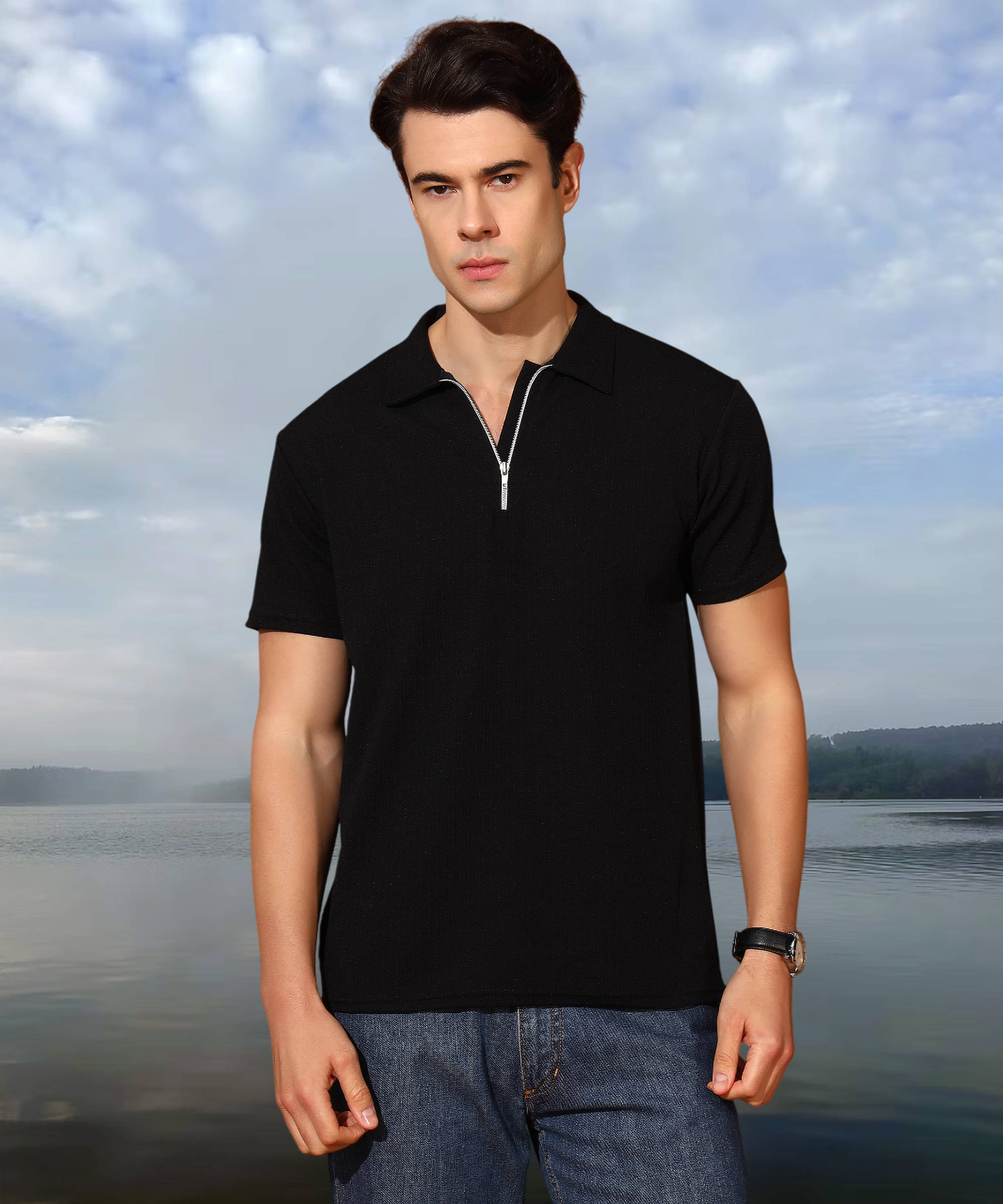 Quin Fletcher Men Cotton Blend Regular Fit Solid Polo T Shirt ( Black ) Quin Fletcher Men Cotton Blend Regular Fit Solid Polo T Shirt ( Black )