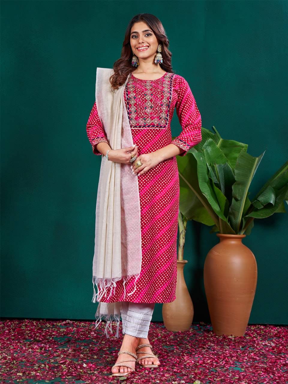     			Replicraft Store Women Cotton Blend Embroidered Straight Kurti With Pants ( Pink )