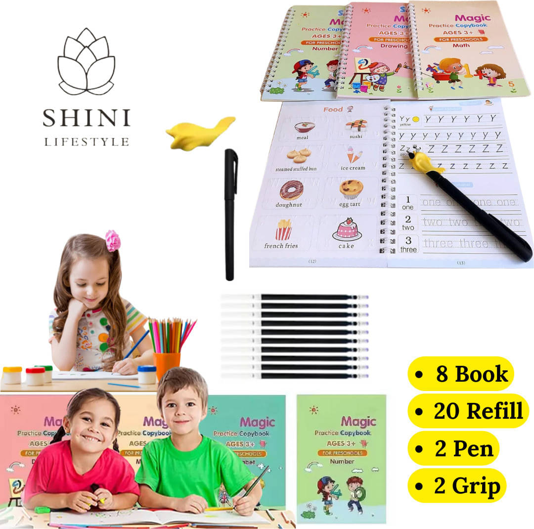 Sank Magic Book, (8 BOOK + 20 REFILL+ 2 pen +2 grip) Reusable Book, Writing Book, Magic Calligraphy Book, Practice Book, Kid's Book, Erasable Book Sank Magic Book, (8 BOOK + 20 REFILL+ 2 pen +2 grip) Reusable Book, Writing Book, Magic Calligraphy Book, Practice Book, Kid's Book, Erasable Book