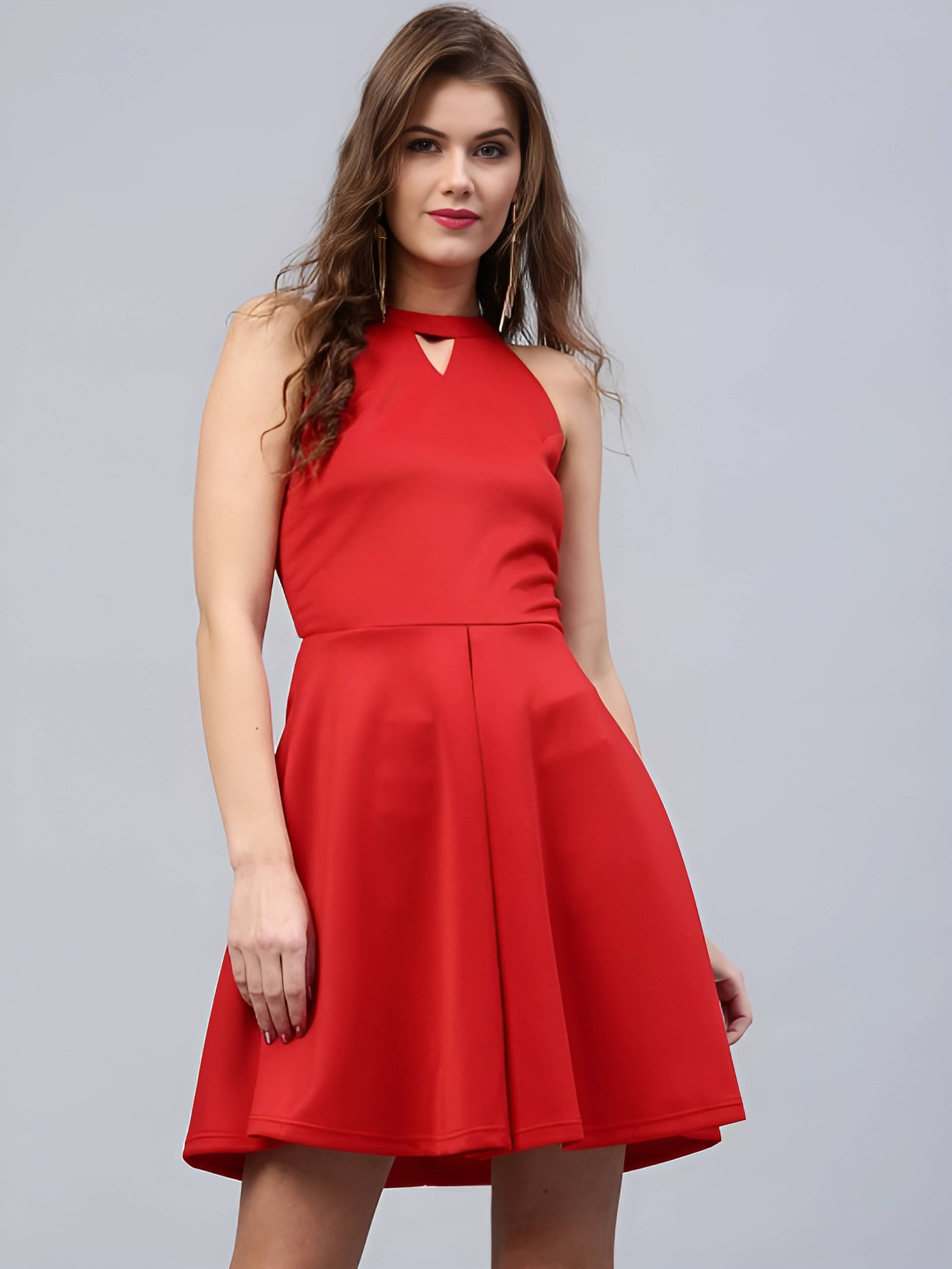 Shcon Women Polyester Solid Fit & Flare Dress ( Red ) Shcon Women Polyester Solid Fit & Flare Dress ( Red )