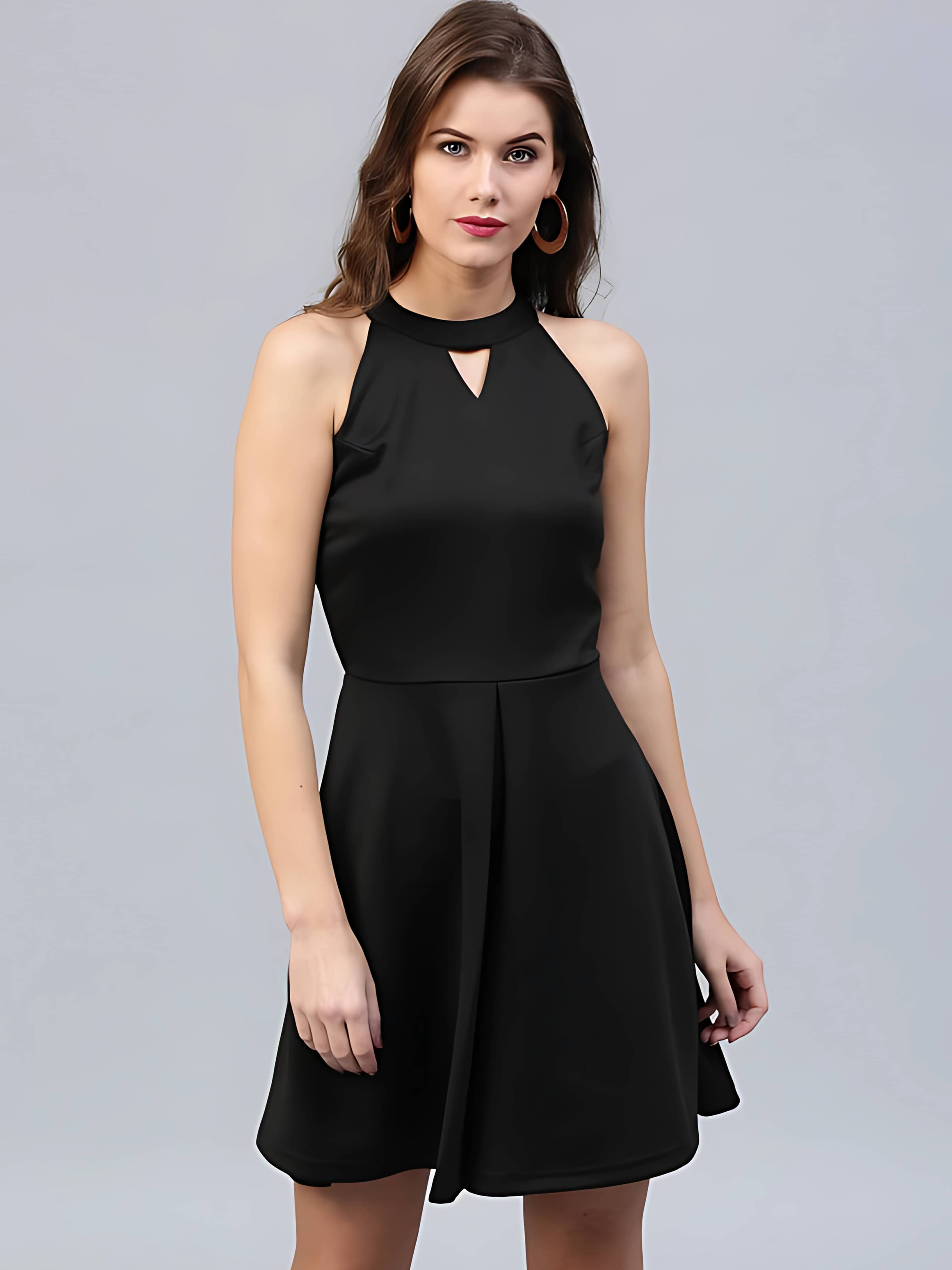 Shcon Women Polyester Solid Fit & Flare Dress ( Black )     			Shcon Women Polyester Solid Fit & Flare Dress ( Black )
