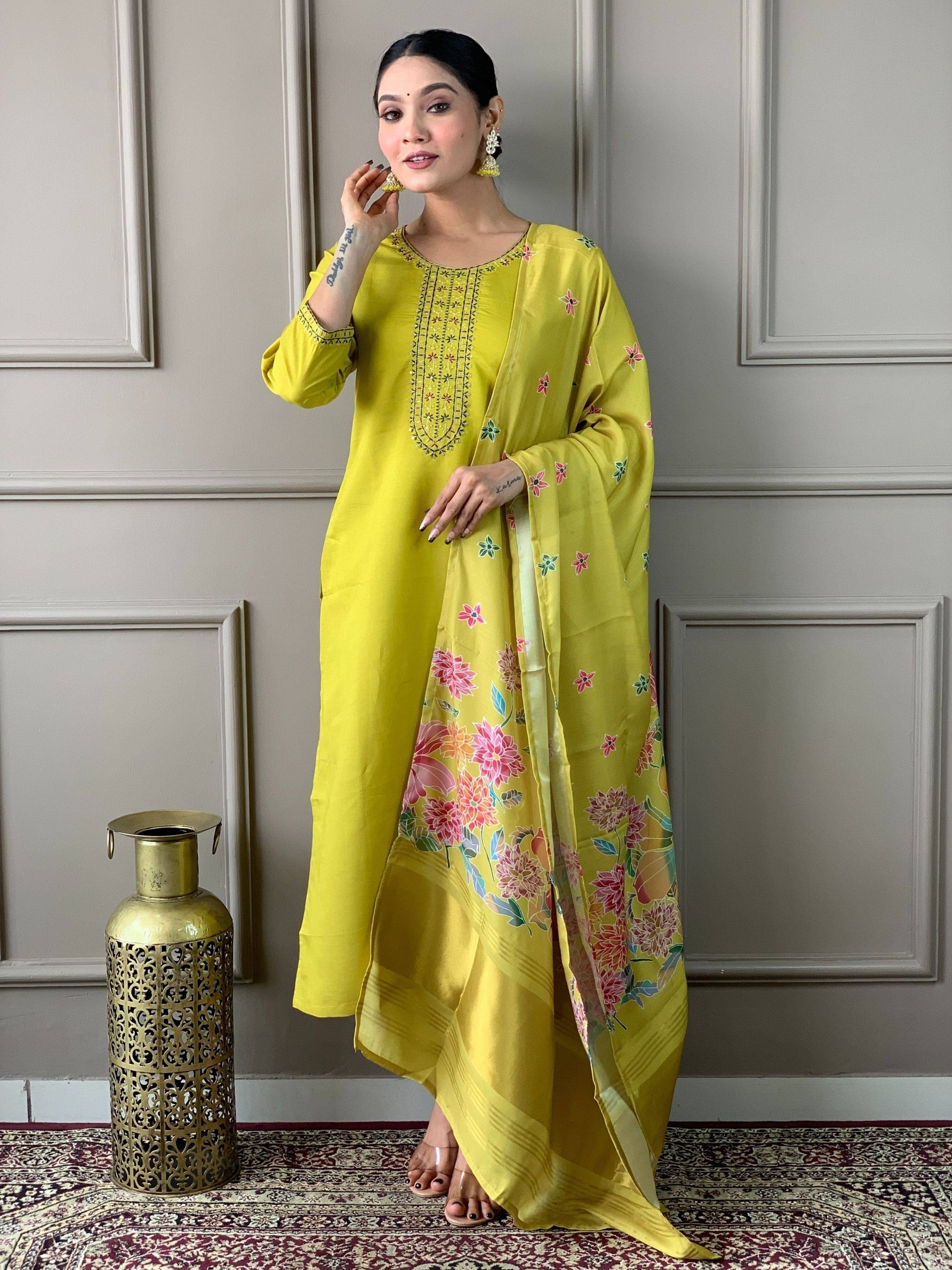     			Vaidehi Fashion Women Chanderi Silk Embroidered Straight Kurti With Pants ( Lime Green )