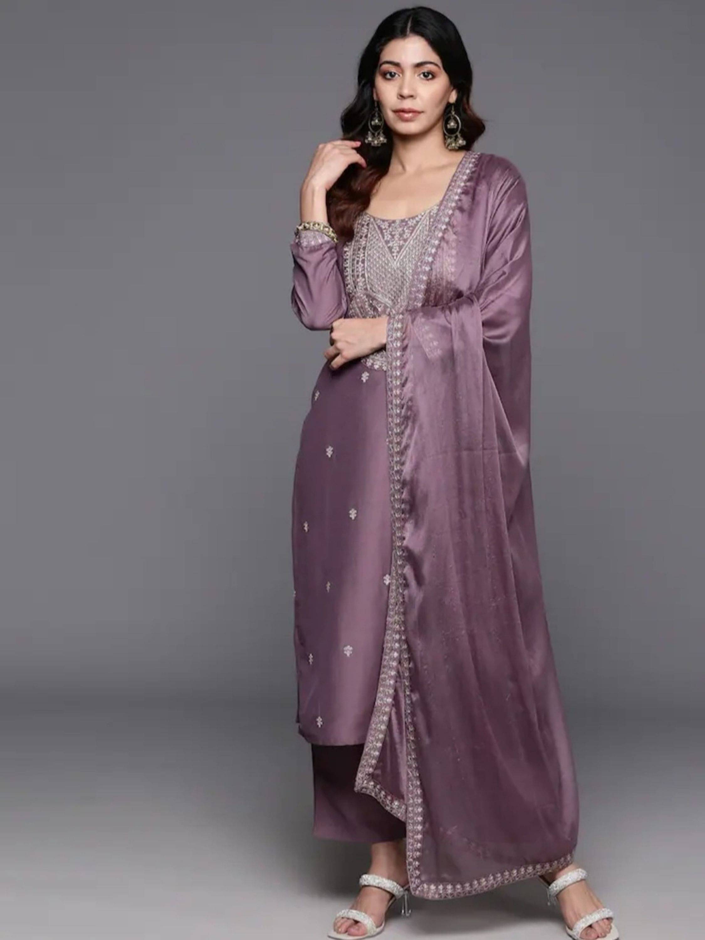     			Vaidehi Fashion Women Chanderi Silk Embroidered Straight Kurti With Pants ( Purple )