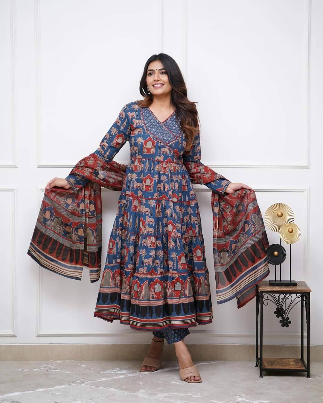     			Vaidehi Fashion Women Cotton Blend Embroidered Straight Kurti With Pants ( Blue )