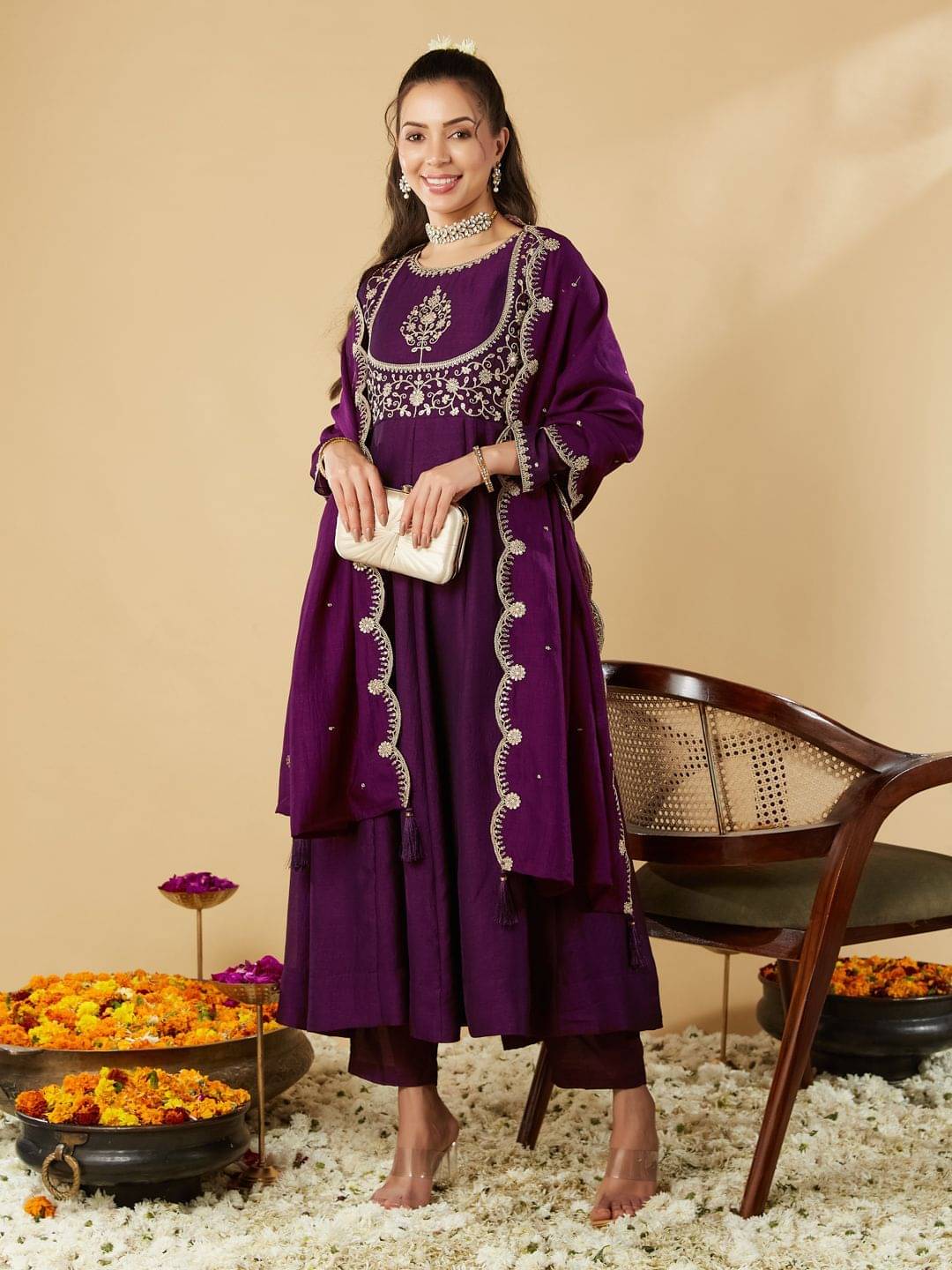     			Vaidehi Fashion Women Cotton Silk Embroidered Straight Kurti With Pants ( Purple )