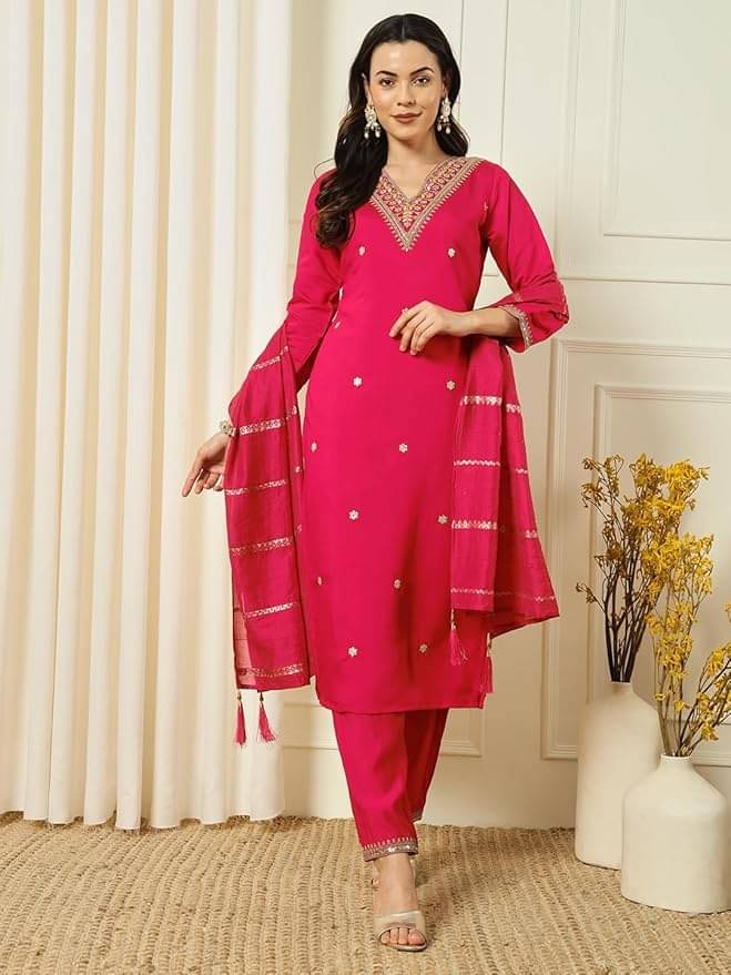     			Vaidehi Fashion Women Crepe Embroidered Straight Kurti With Pants ( Pink )