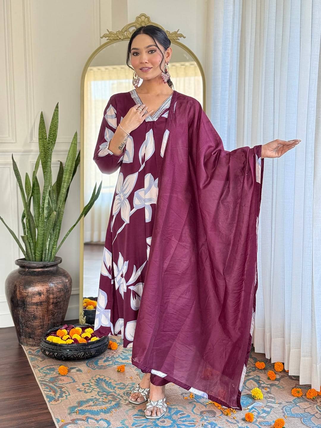     			Vaidehi Fashion Women Crepe Embroidered Straight Kurti With Pants ( Purple )
