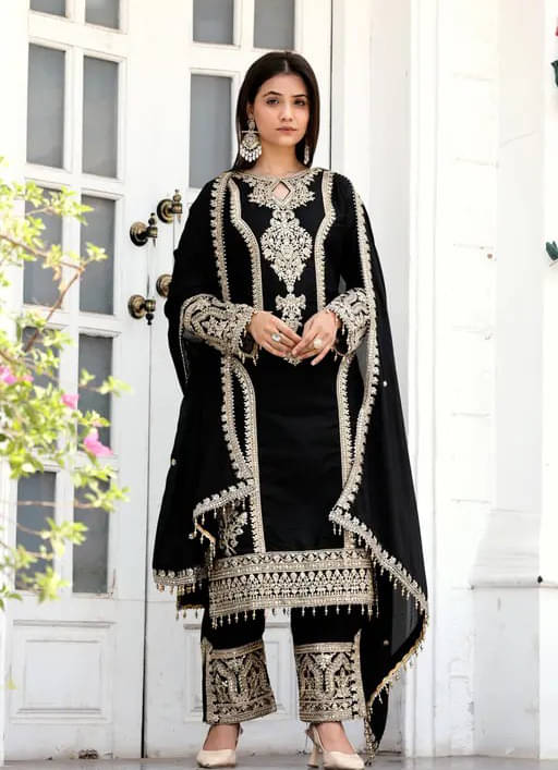     			Vaidehi Fashion Women Silk Blend Embroidered Straight Kurti With Pants ( Black )