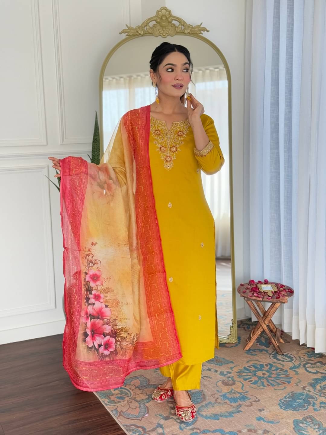     			Vaidehi Fashion Women Viscose Embroidered Straight Kurti With Pants ( Mustard )
