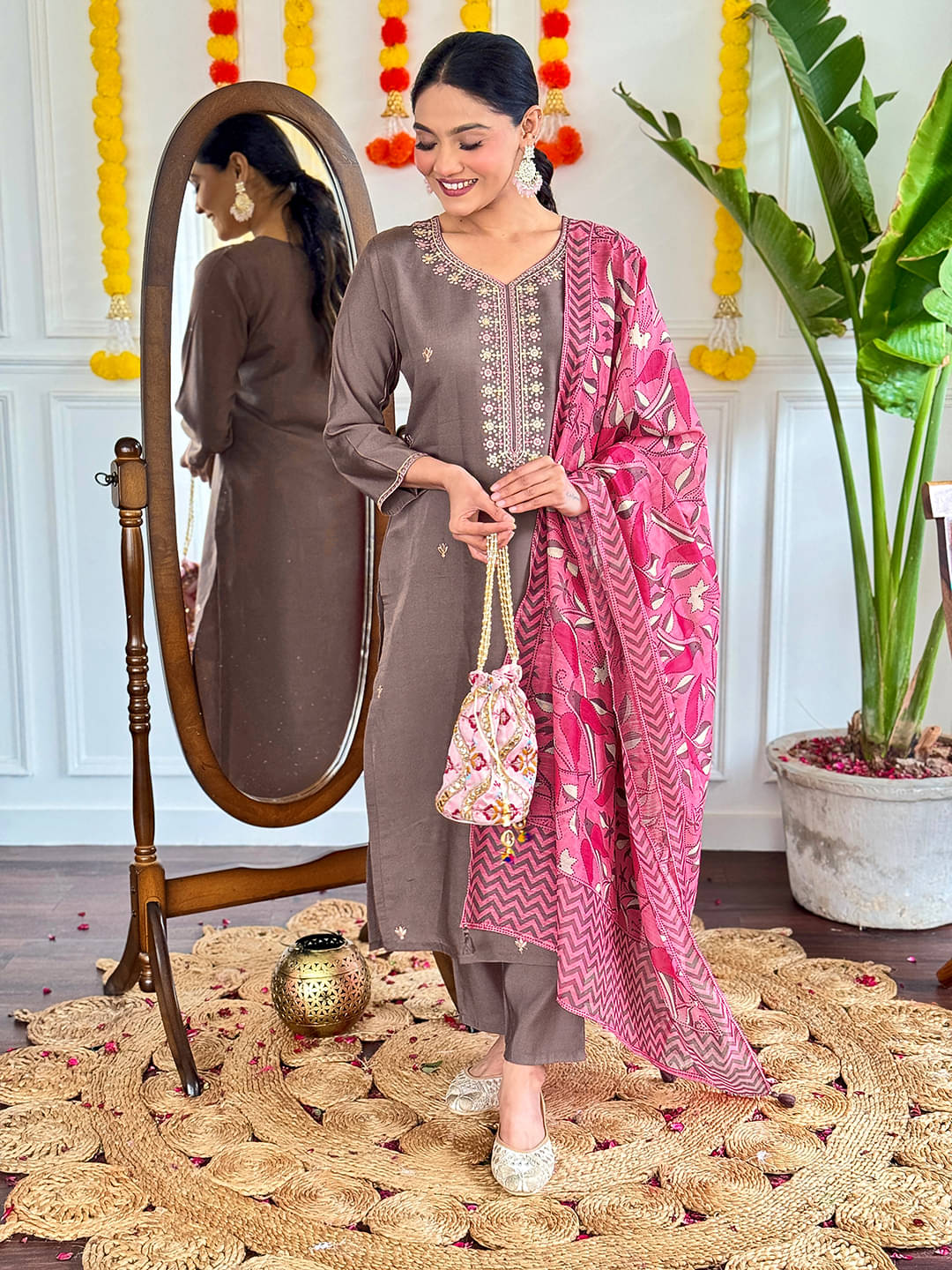     			Vaidehi Fashion Women Viscose Embroidered Straight Kurti With Pants ( Brown )