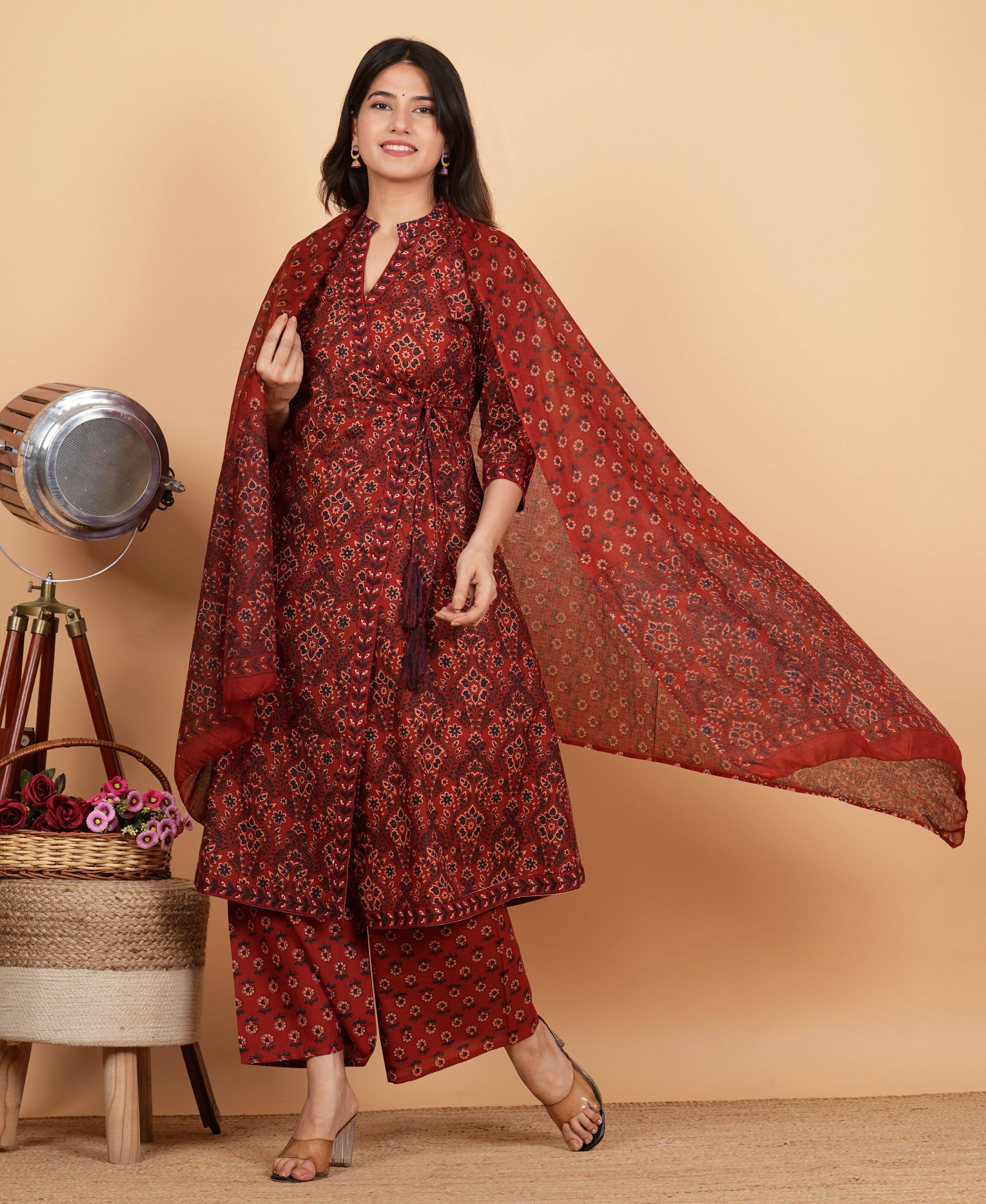 Vbuyz Women Cotton Printed Angrakha Kurti With Palazzo ( Maroon ) Vbuyz Women Cotton Printed Angrakha Kurti With Palazzo ( Maroon )