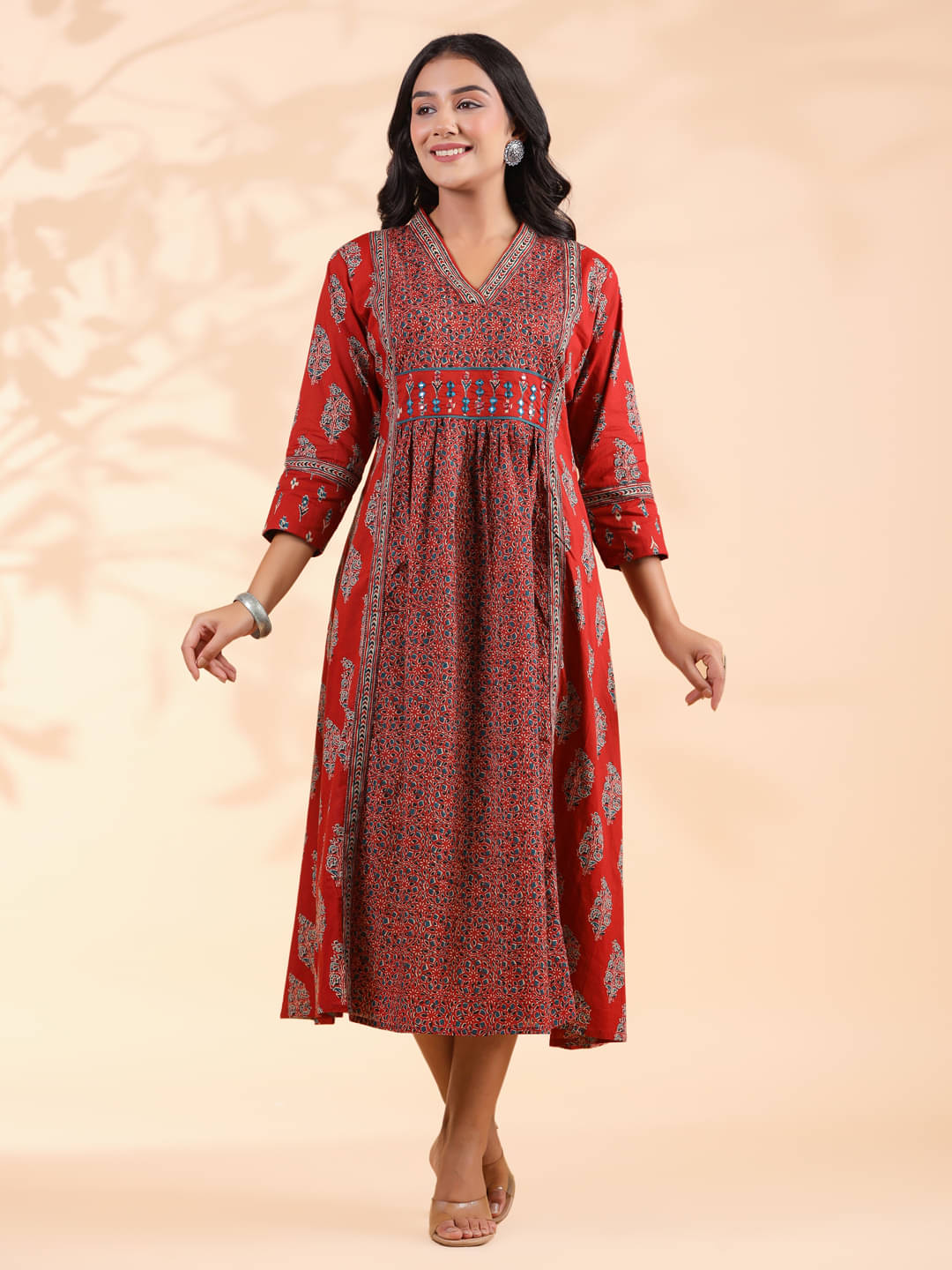     			Vbuyz Women Cotton Printed Fit & Flare Dress ( Red )