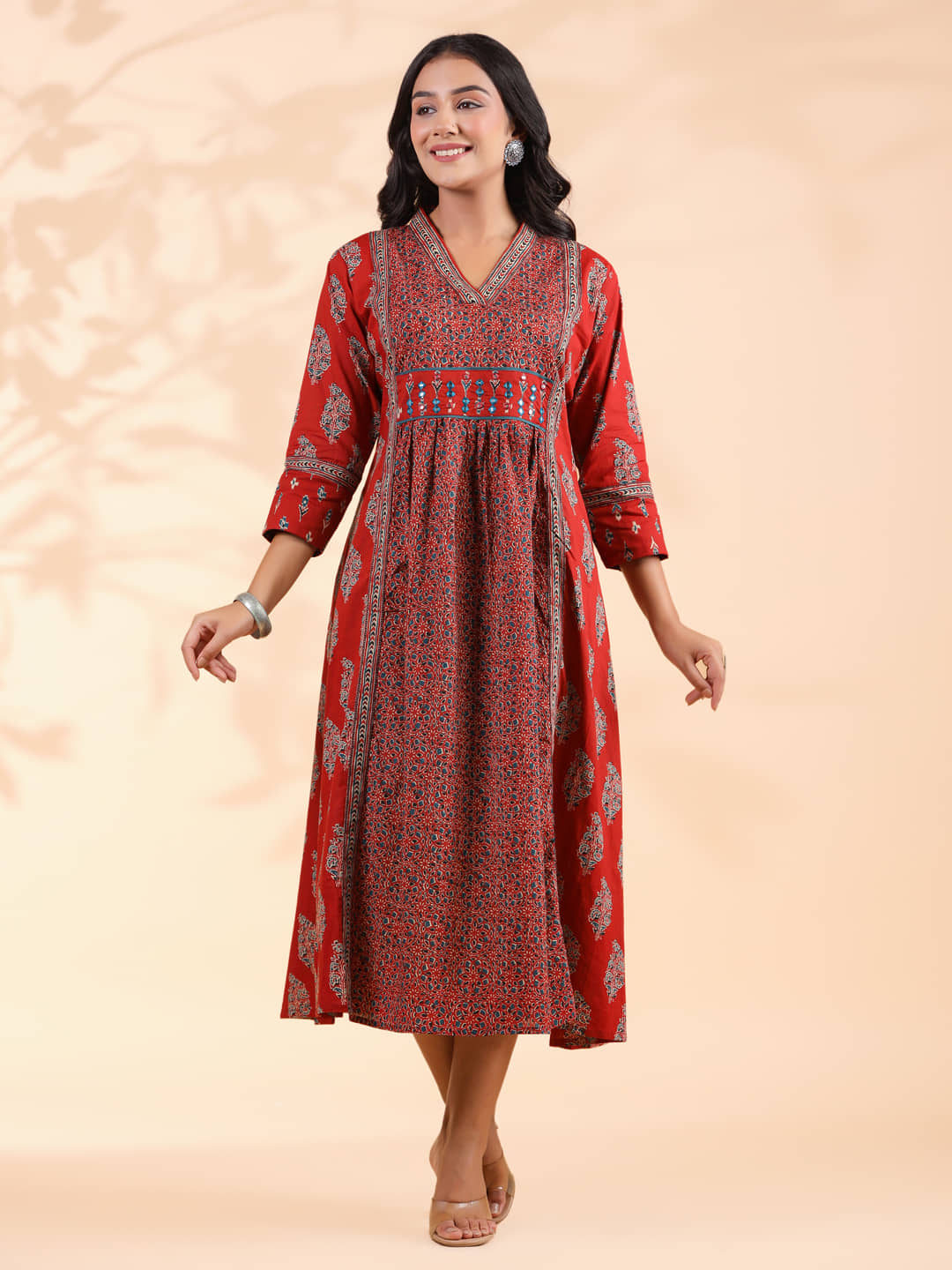 Vbuyz Women Cotton Printed Fit & Flare Dress ( Red )