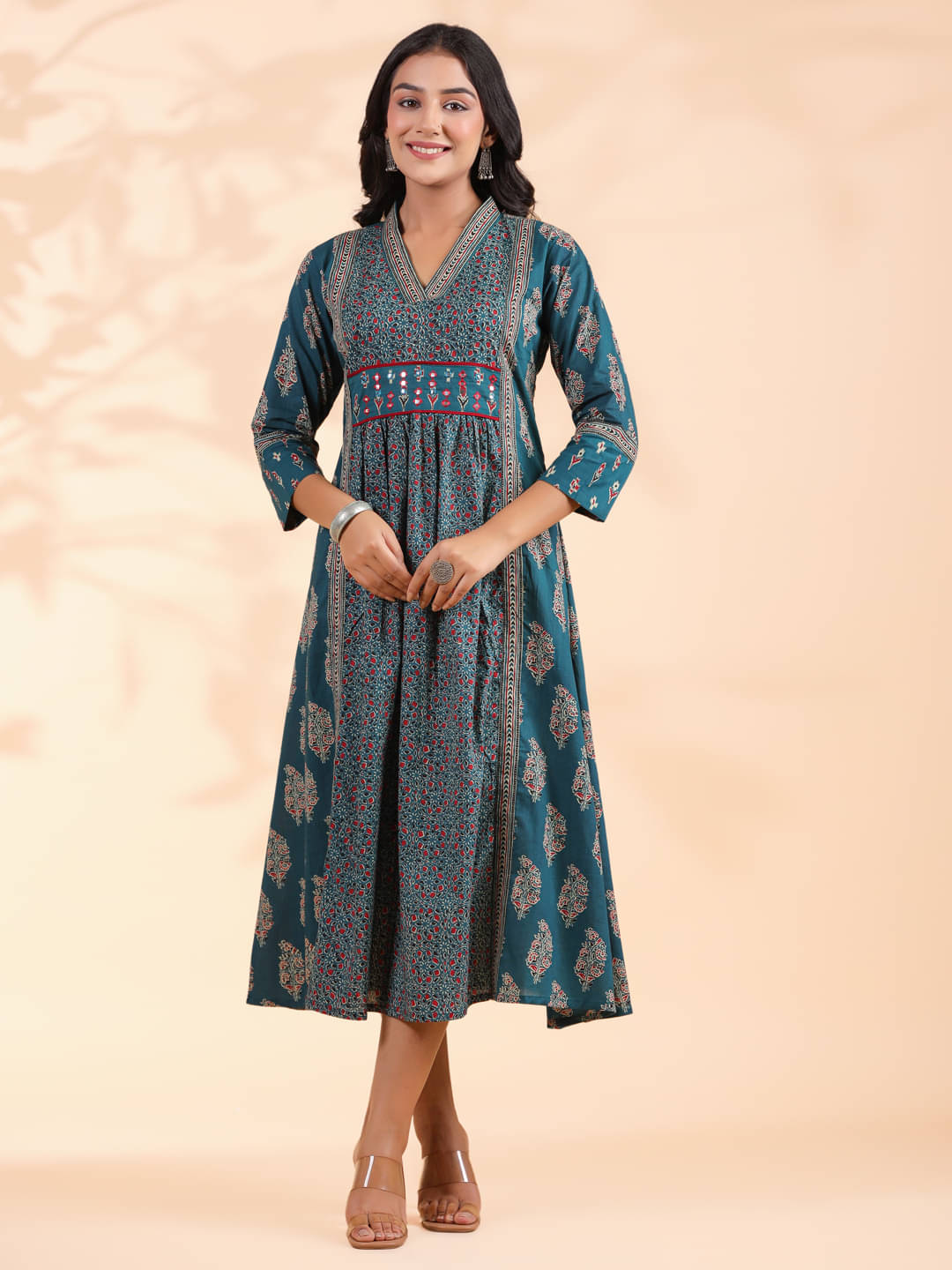 Vbuyz Women Cotton Printed Fit & Flare Dress ( Blue )     			Vbuyz Women Cotton Printed Fit & Flare Dress ( Blue )
