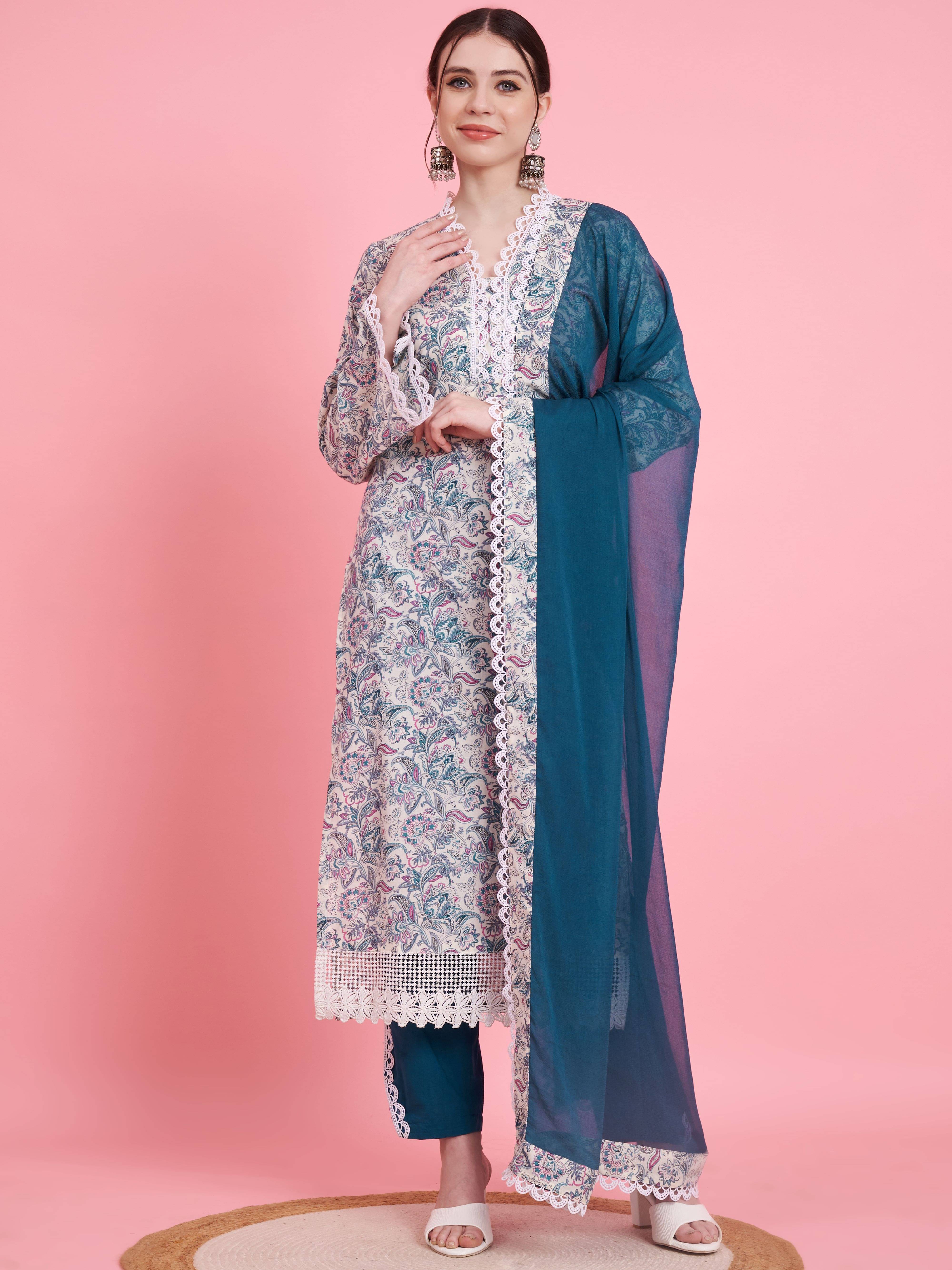     			Vbuyz Women Cotton Printed Straight Kurti With Pants ( Turquoise )