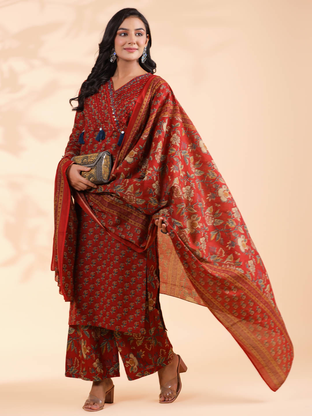     			Vbuyz Women Cotton Printed Straight Kurti With Palazzo ( Maroon )