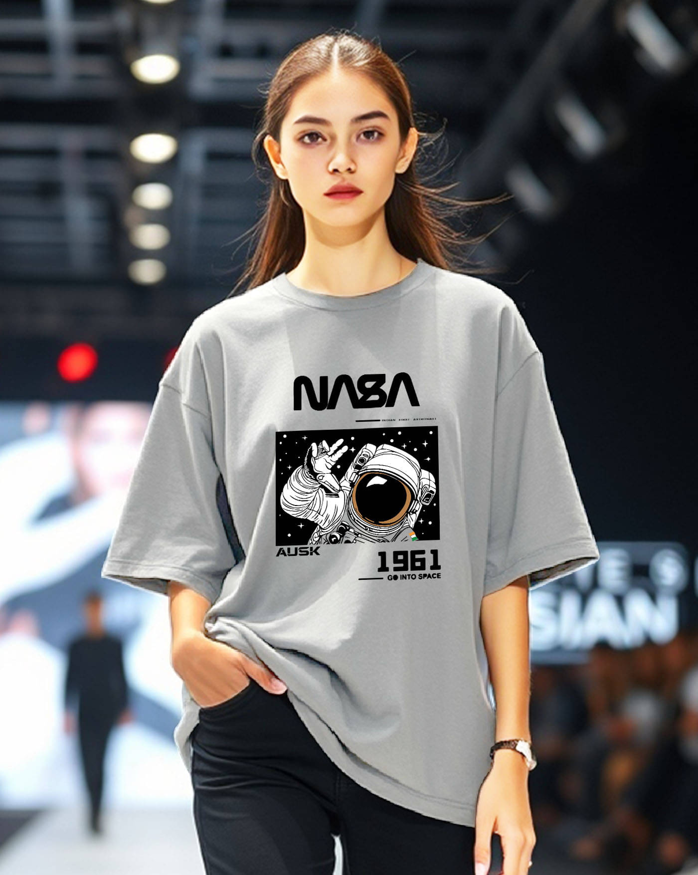 AOOSH Women Cotton Blend Printed Oversized Fit Round Neck T-Shirt ( Grey )     			AOOSH Women Cotton Blend Printed Oversized Fit Round Neck T-Shirt ( Grey )