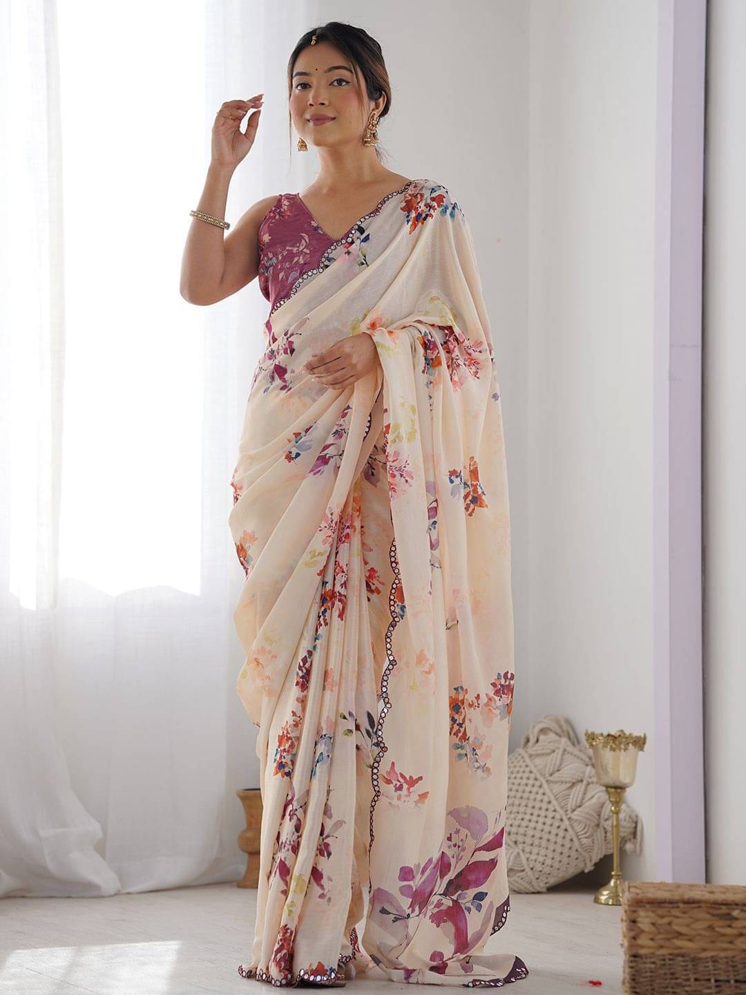 BLEESBURY Georgette Printed Saree Without Blouse Piece ( Cream ) BLEESBURY Georgette Printed Saree Without Blouse Piece ( Cream )