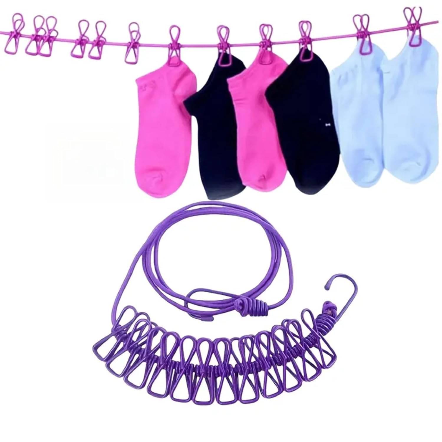     			Cloth Drying Rope with Two Sided Hooks, Elastic 12 Clips Cloth Hanging Rope Non-Slip Clotheslines for Outdoor Indoor Travel Laundry Drying Hanging Clothes