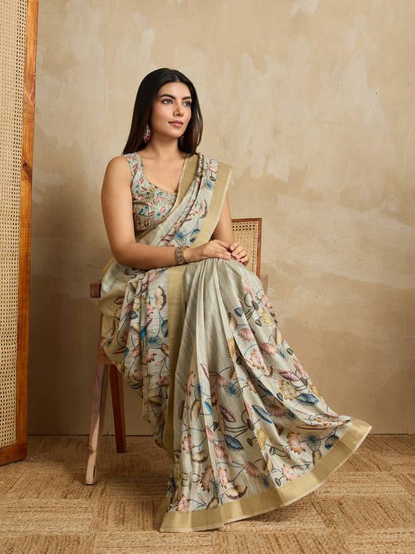 DO MOI Silk Blend Printed Saree With Unstitched Blouse Piece ( Green ) DO MOI Silk Blend Printed Saree With Unstitched Blouse Piece ( Green )