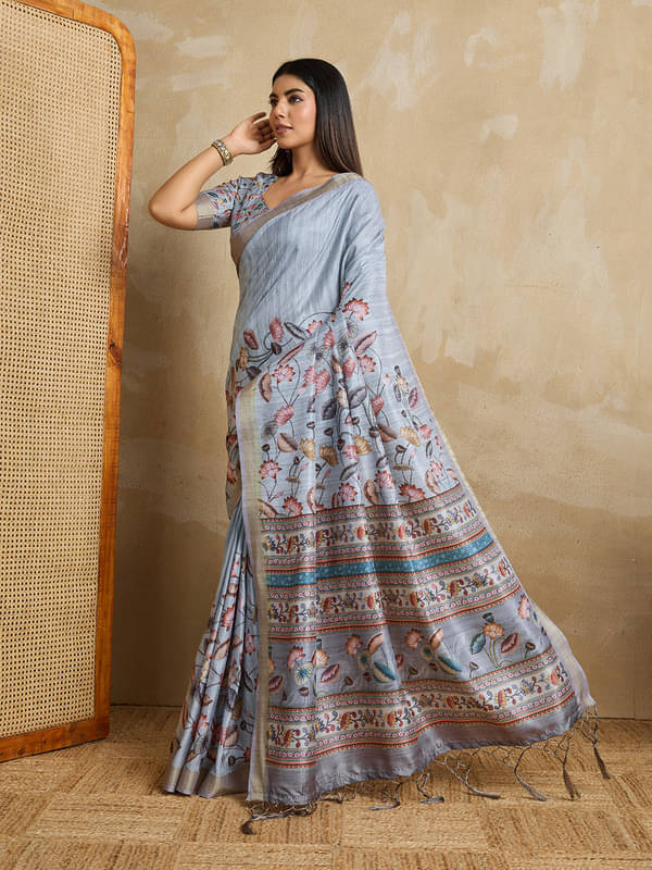 DO MOI Silk Blend Printed Saree With Unstitched Blouse Piece ( Blue ) DO MOI Silk Blend Printed Saree With Unstitched Blouse Piece ( Blue )