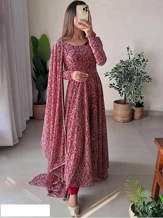 FANCY FLAIR Women Georgette Flared Stitched Ethnic Gown ( Maroon ) FANCY FLAIR Women Georgette Flared Stitched Ethnic Gown ( Maroon )