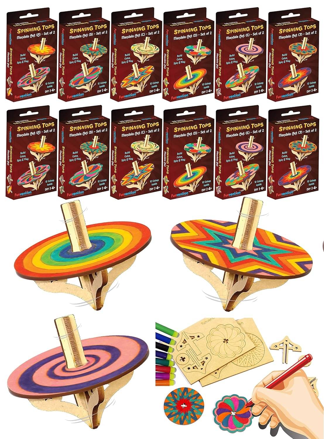     			Funvention DIY Spinning Top Kits (Mandal Art)  - Build, Color, Play, Art & Craft Coloring Activity Birthday Return Gifts Party Pack Return Favors for Kids (2 Tops & 8 Colors Per Pack)
