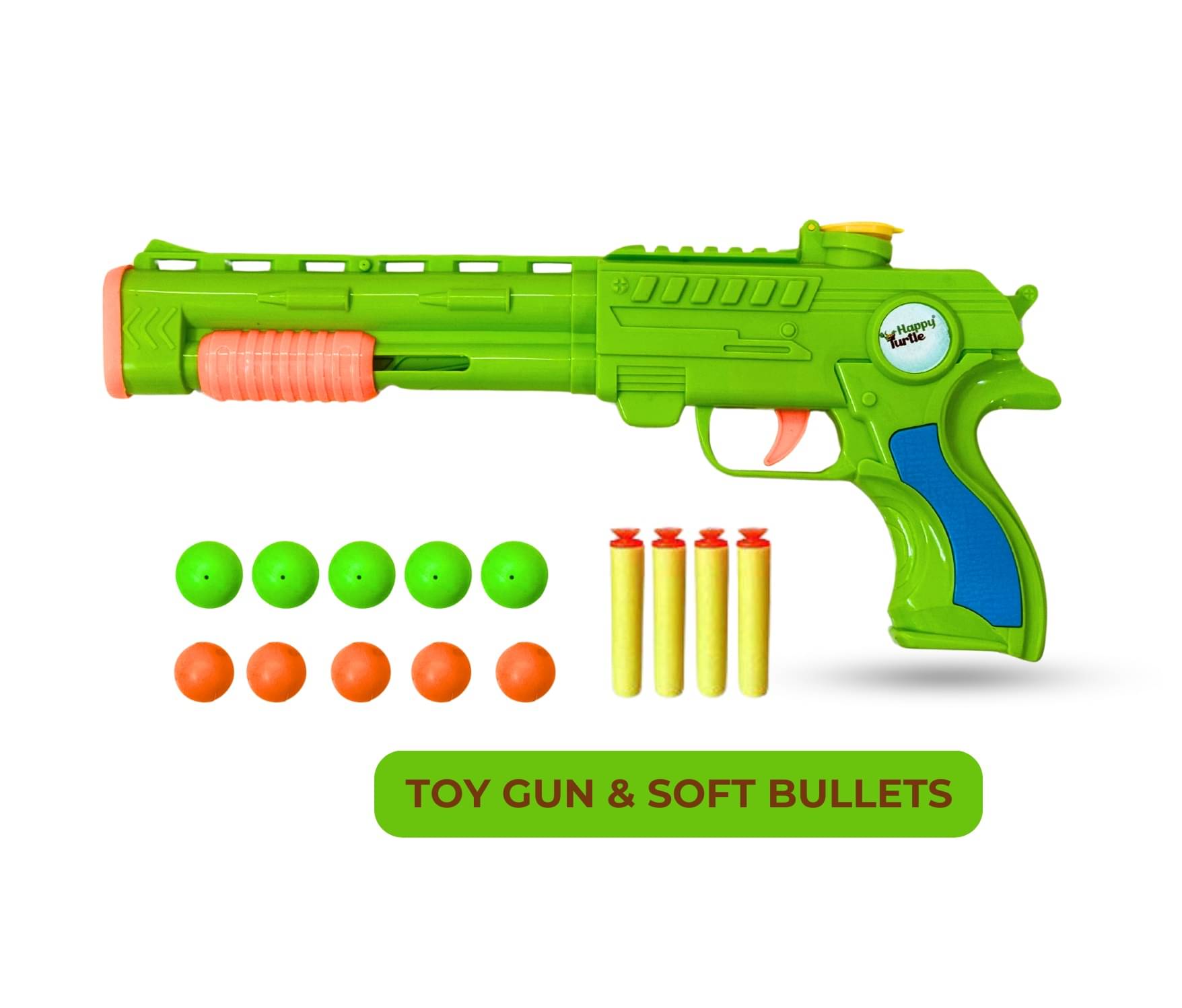     			Happy Turtle Manual Soft Bullet Gun Toy (Multi Color) - 16 Bowl, 6 Soft Bullet - Pack Of 1 - Guns & Darts  (Multicolor)