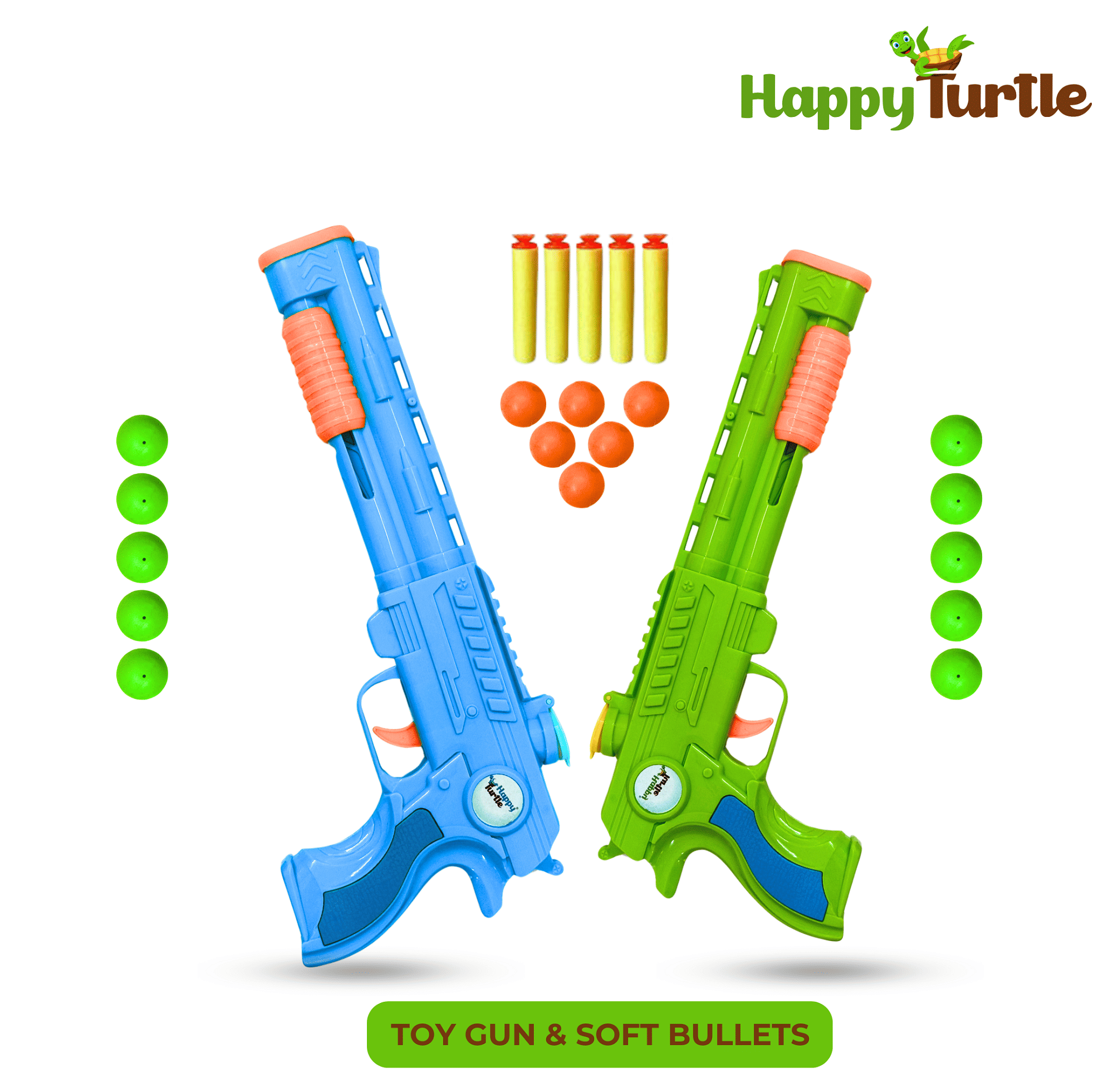     			Happy Turtle Manual Soft Bullet Gun Toy (Multi Color) - 16 Bowl, 6 Soft Bullet - Pack Of 2 - Guns & Darts  (Multicolor)