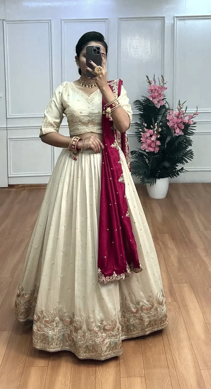     			JULEE White Silk Unstitched Semi Stitched Lehenga