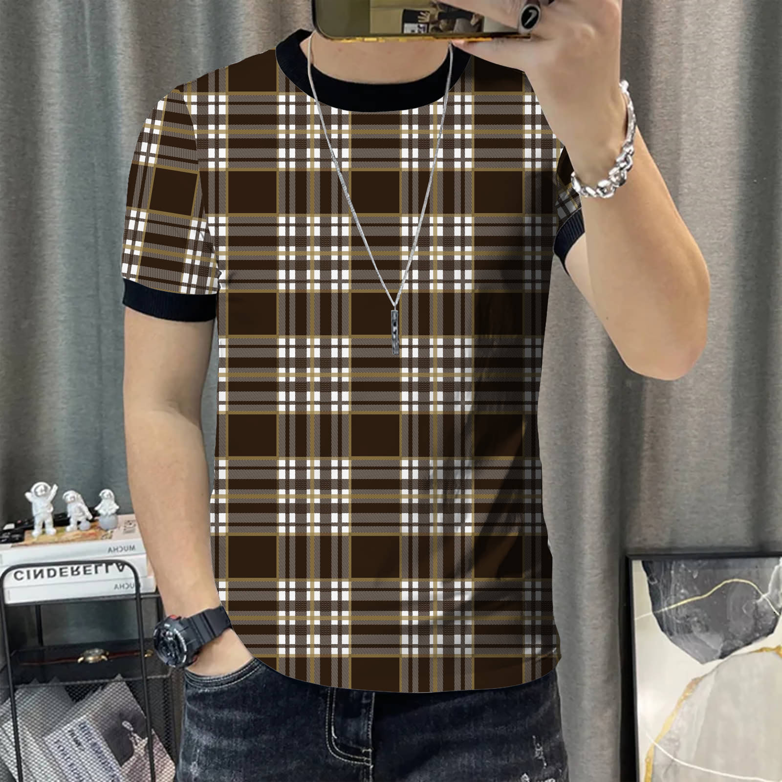 KAJARU Men Polyester Regular Fit Checks T-Shirt ( Brown ) KAJARU Men Polyester Regular Fit Checks T-Shirt ( Brown )