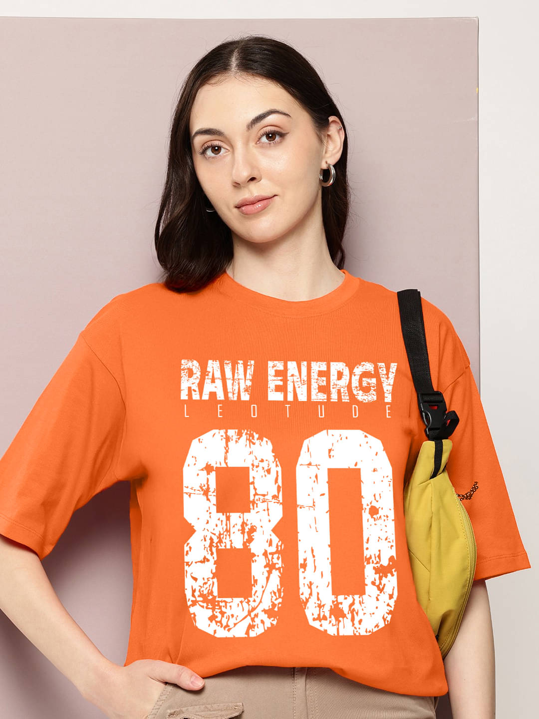     			Leotude Women Cotton Blend Printed Oversized Fit Round Neck T-Shirt ( Orange )